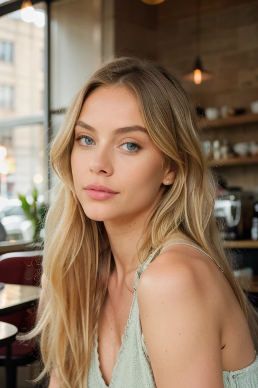 a young woman with long platin blond hair and blue eyes, in the style of precisionist, wavy, textural layering, light amber and pink, olive cotton, flattering lighting, effortlessly chic, in cafe, looking away