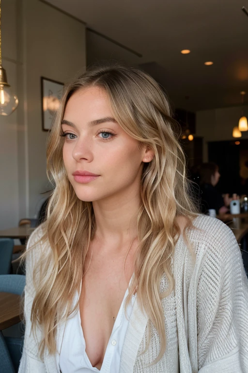 a young woman with long platin blond hair and blue eyes, in the style of precisionist, wavy, textural layering, light amber and pink, olive cotton, flattering lighting, effortlessly chic, in cafe, looking away