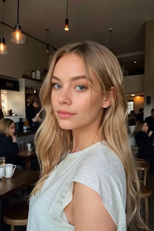 a young woman with long platin blond hair and blue eyes, in the style of precisionist, wavy, textural layering, light amber and pink, olive cotton, flattering lighting, effortlessly chic, in cafe, looking away