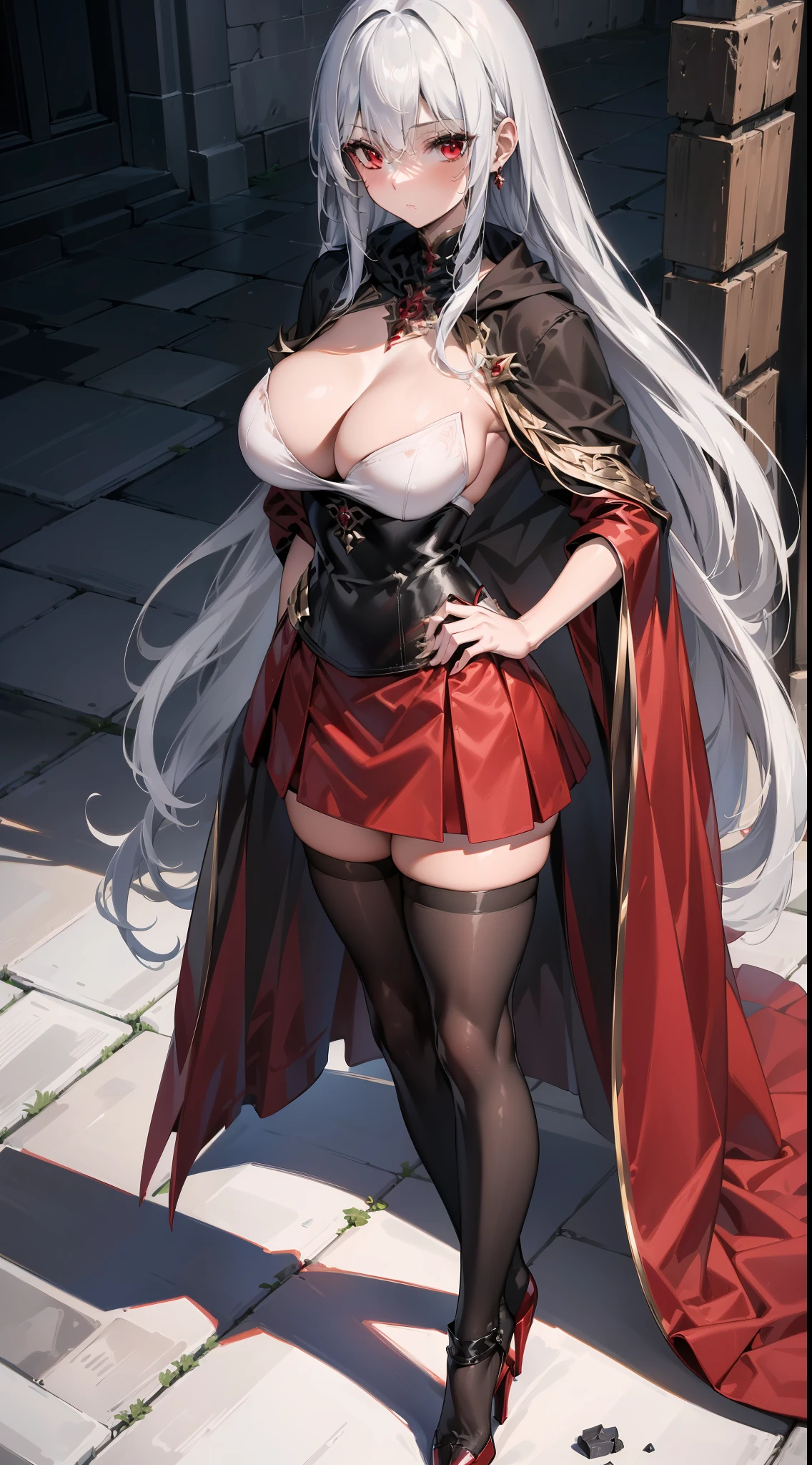 (masterpiece, best quality, highres, high quality:1.2), award winning, super detail, high details, textured skin, anatomically correct, ccurate, UHD, retina, ((4k,1080P, HD)), silver white hair, long hair, shinny hair, perfect breasts, small breasts, charming and stunning woman, attractive beauty, pantyhose black, ((black Cloak)), high heels, ((Crimson red Eyes)), crimson throne, crimson palace, (crimson lightning),((perfect anatomy)), ((1girl)), perfect hands,black gloves, ((standing)), ((crossed arms)), (mature young woman), cute girl, beautiful girl, ((high shot angle)),black short skirt, (perfect legs), ((beautiful and stunning young girl, attractive girl)), ((perfect body, sexy body)), (((full body))),((ultra_detailed)), ((standing straight)), ((she is short, short legs)), young female girl, ((red skirt))