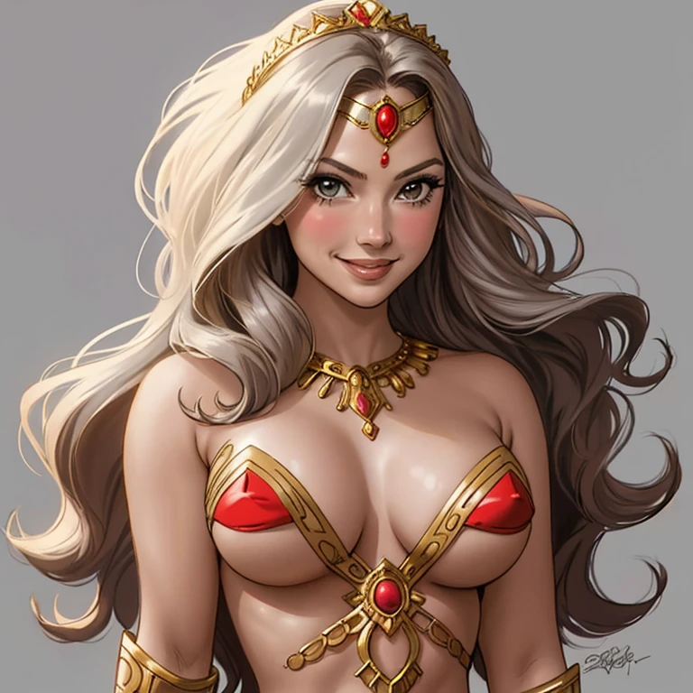 DC Comics, (emote:1), Eloise Mumford dressed as Dejah Thoris, by Frank cho and HR Geiger, barsoom, (sexy), ornate diadem, nearly naked, (1girl:1), (head shot), smiling, Gray background, NSFW 