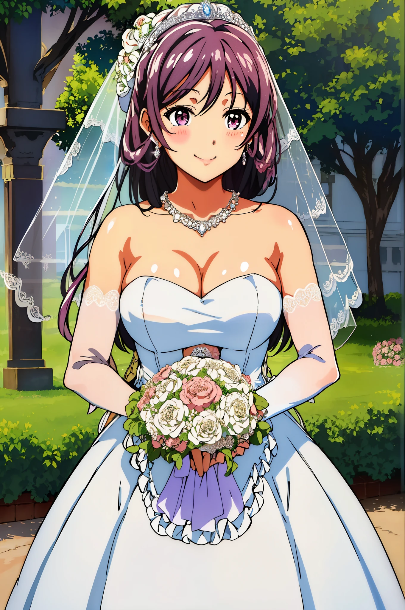 (sky),White background,蓝sky,
stand at attention,dynamic poses,
black hair, long hair,purple eyes,2girls,bride，embrace,Shut up，Smile，Gurwitz，(bride頭紗:1.5），（short sheer veil：1.5），Blushing face，Head flower，headgear，（tube top wedding dress：1.5），（Silk dress：1.2）,（Strapless wedding dress：1.5）,Bouquet,pure white dress，necklace，earrings，(large breasts:1.3)，Deep V peach heart collar wedding dress，Bangs，lipstick，（lace gloves：1.3）,Bust photo,High detail RAW color art,Tyndall phenomenon
