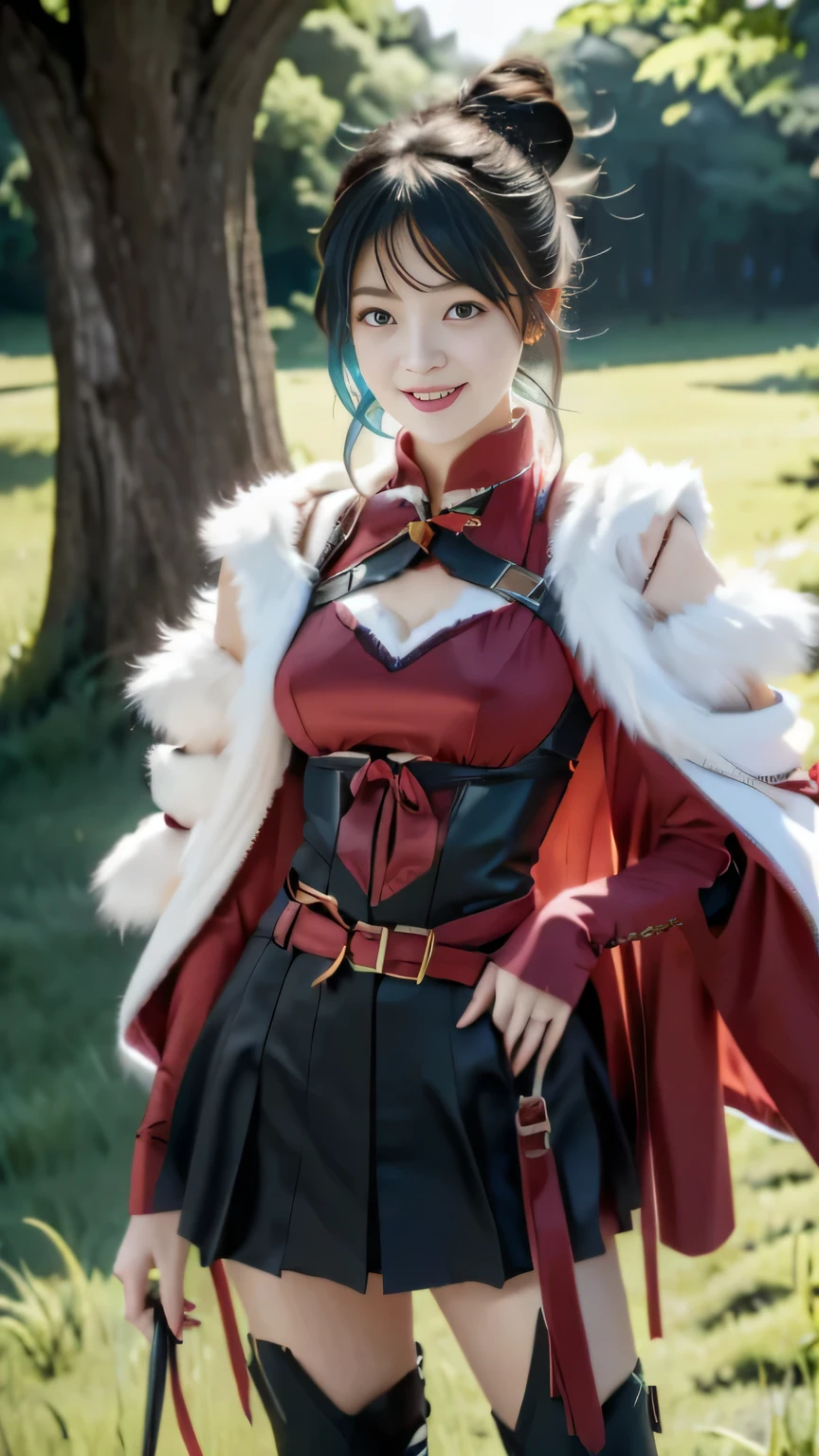 Chinese female general，Saffron Hu suit lining，Detail the eyes，Crimson cape，metal breastplate，Breasts are full and erect，golden helmet，battlefield background，majestic，Smile（open mouth）（The corners of the mouth are raised），Leather tunic，Knee armor，Half-length photo，（Metal headbands），light blue hair（Hair in a bun：1.5），（Hair bun raised high）。wilderness background（grassland background）