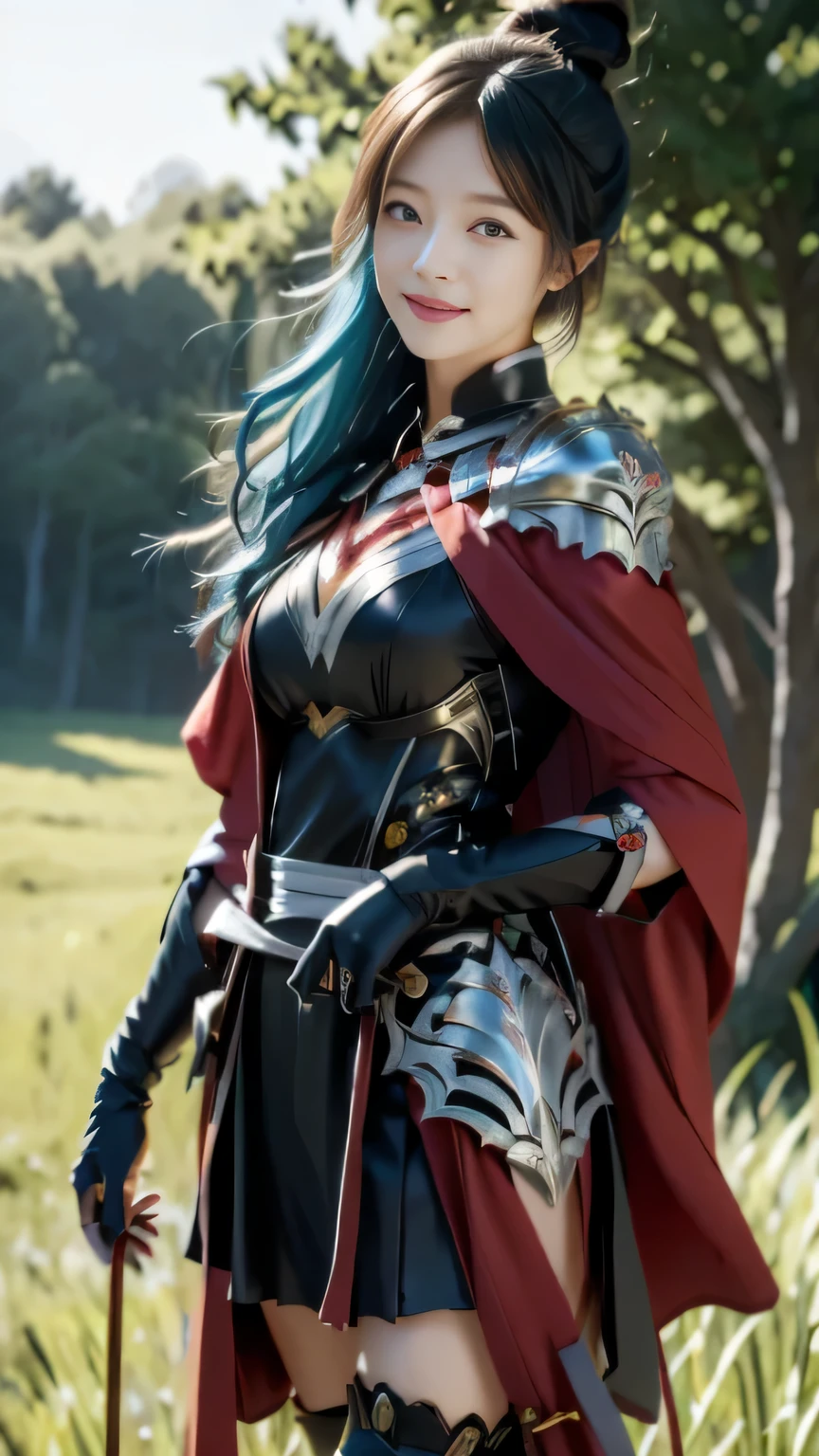 Chinese female general，Saffron Hu suit lining，Detail the eyes，Crimson cape，metal breastplate，Breasts are full and erect，golden helmet，battlefield background，majestic，Smile（open mouth）（The corners of the mouth are raised），Leather tunic，Knee armor，Half-length photo，（Metal headbands），light blue hair（Hair in a bun：1.5），（Hair bun raised high）。wilderness background（grassland background）