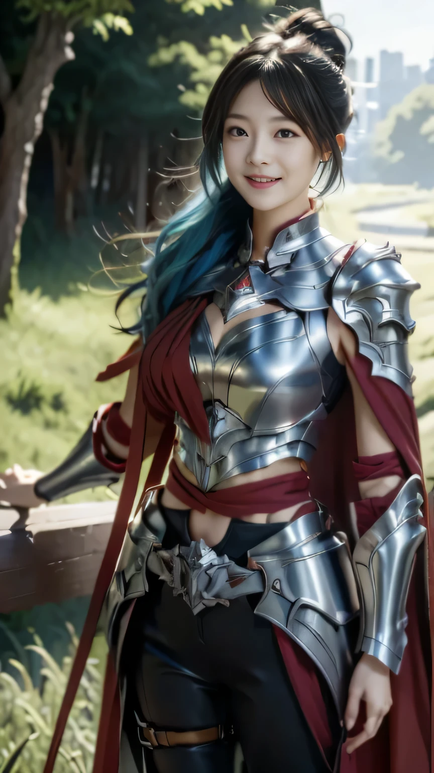 Chinese female general,Saffron Hu suit lining,Detail the eyes,Crimson cape,metal breastplate,Breasts are full and erect,golden helmet,battlefield background,majestic,Smile(open mouth)(The corners of the mouth are raised),Leather tunic,Knee armor,Half-length photo,(Metal headbands),light blue hair(Hair in a bun:1.5),(Hair bun raised high)。wilderness background(grassland background)
