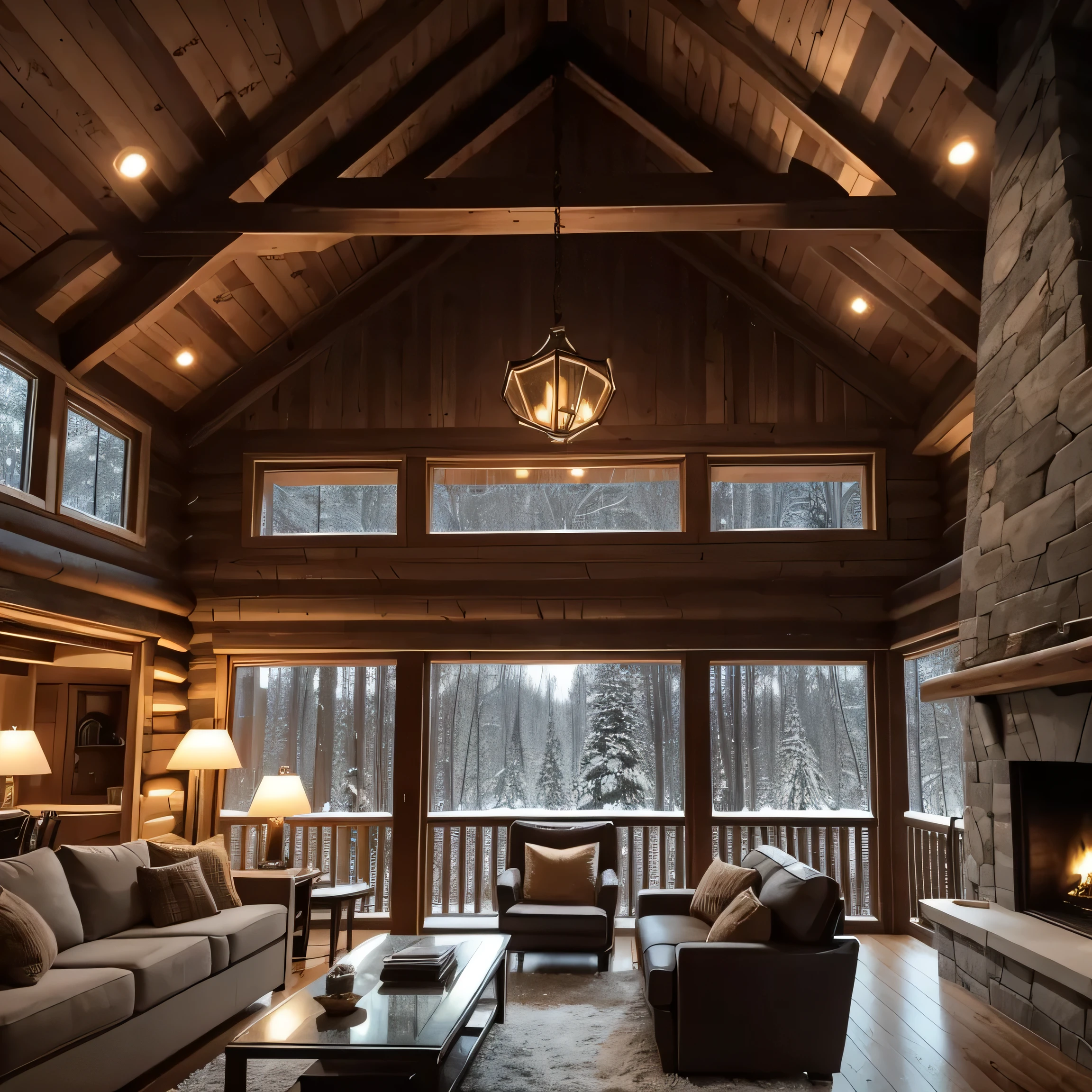 A double-height ceiling living room with a large, floor-to-ceiling window on one side log cabin. Outside is a dark snow-covered landscape. The living area is furnished with plush, contemporary sofas and chairs in neutral tones, grouped around a low, central coffee table. The room's color palette is composed of dark brown and warm tones, with the soft lighting from various lamps adding a cozy ambiance.