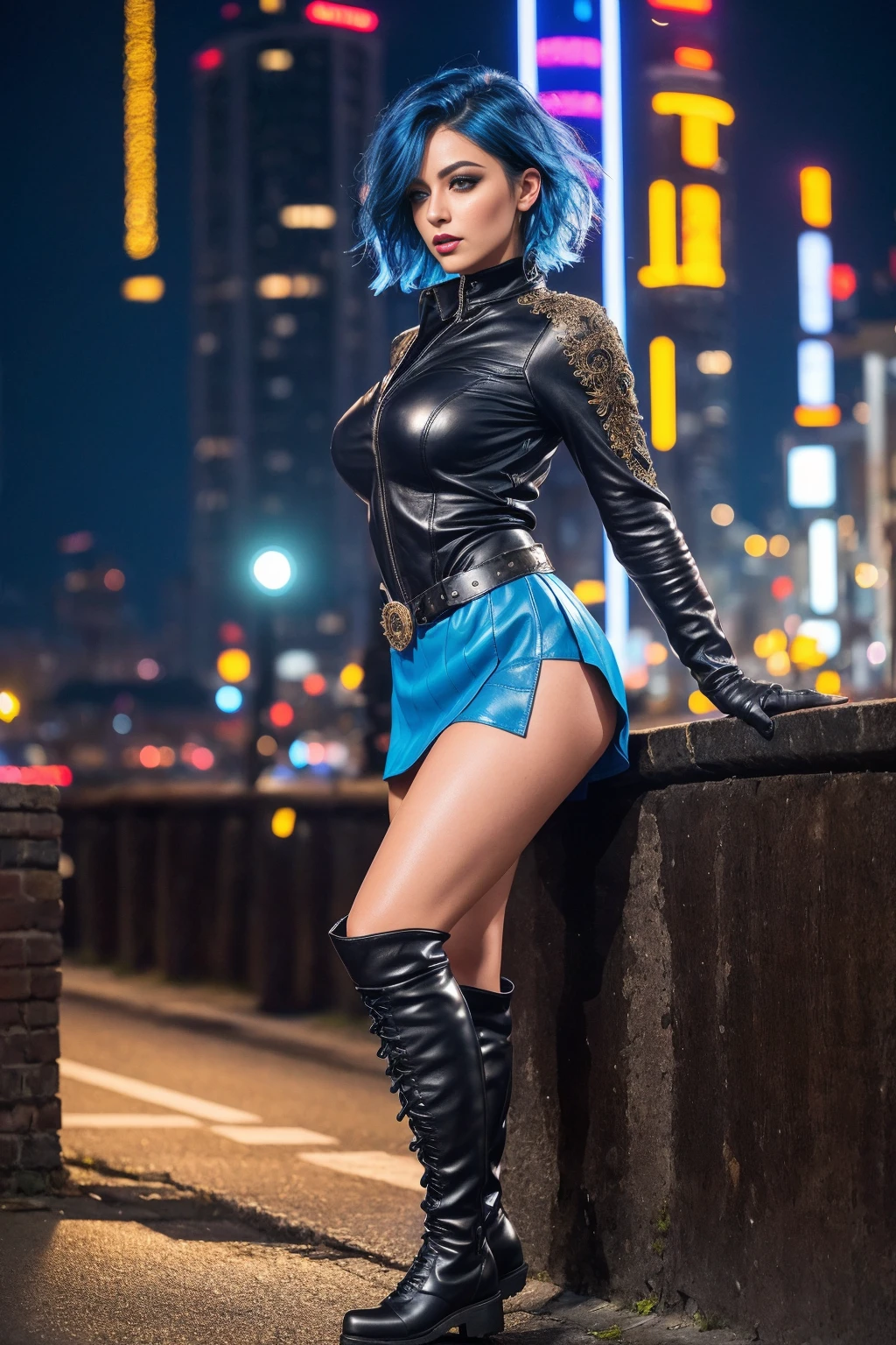 beautiful girl, full body, short bright blue dishevelled hair, black eyeshadow, (street style wear:1.2), ((tight fitted short skirt)), ((knee high leather boots)), (city night background:1.2), dark makeup, digital art, trending on artstation, highly detailed, fine detail, intricate,  beautiful detailed glow, detailed, Cinematic light, high-res, detailed facial features, sharp focus, smooth, aesthetic,
