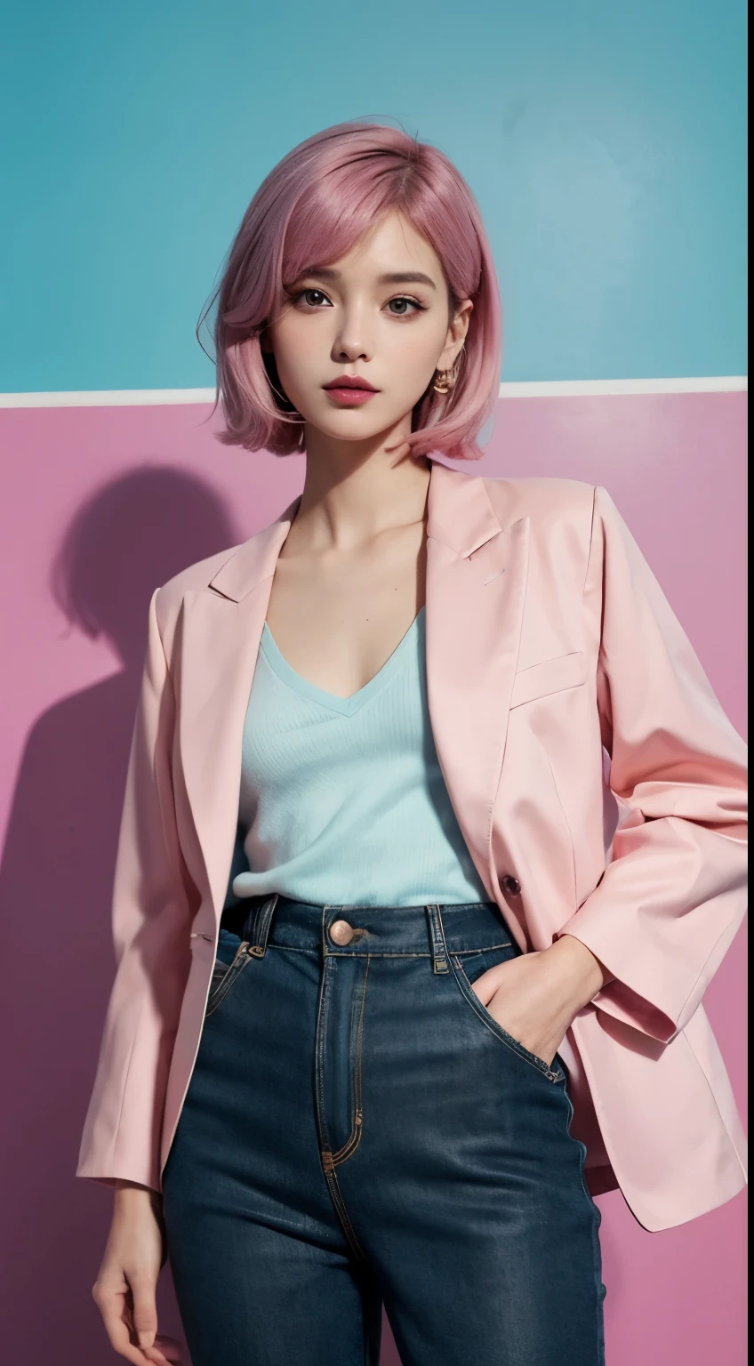 Vogue style photoshoot, Clarity, 4k, 8k, detail, actual, Beautiful Girl, wear pastle blazer, inner wear, pastle pants, black lips, pink and blue mullet haircut, Perfect body, thigh, stand, pose standing, medium chest, Wes Anderson style, pastle color background in Wes Anderson style