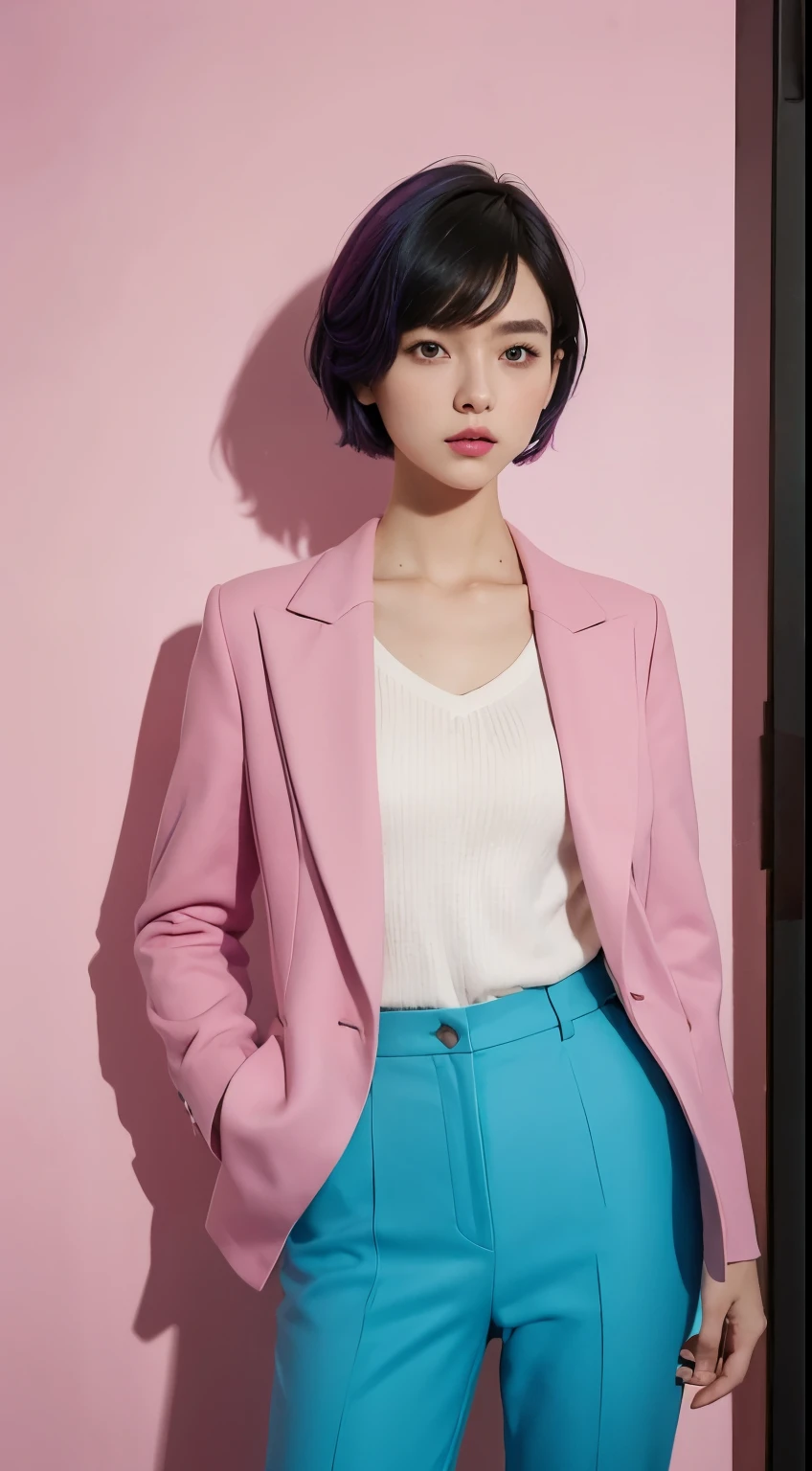 Vogue style photoshoot, Clarity, 4k, 8k, detail, actual, Beautiful Girl, wear pastle blazer, inner wear, pastle pants, black lips, pink and blue mullet haircut, Perfect body, thigh, stand, pose standing, medium chest, Wes Anderson style, pastle color background in Wes Anderson style