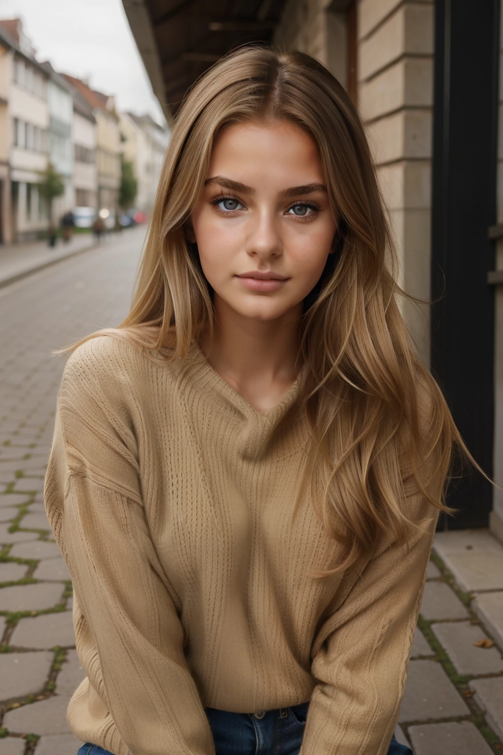 1Girl 18 years old, nur, Lange Haare, midsize , Blick auf den Betrachter, blondes Haar, nackte Schultern, braune Augen, Schmuck, full entire body, Halskette, schulterfrei, pullover, lips, realistisch, Nase, Flirten mit der Kamera