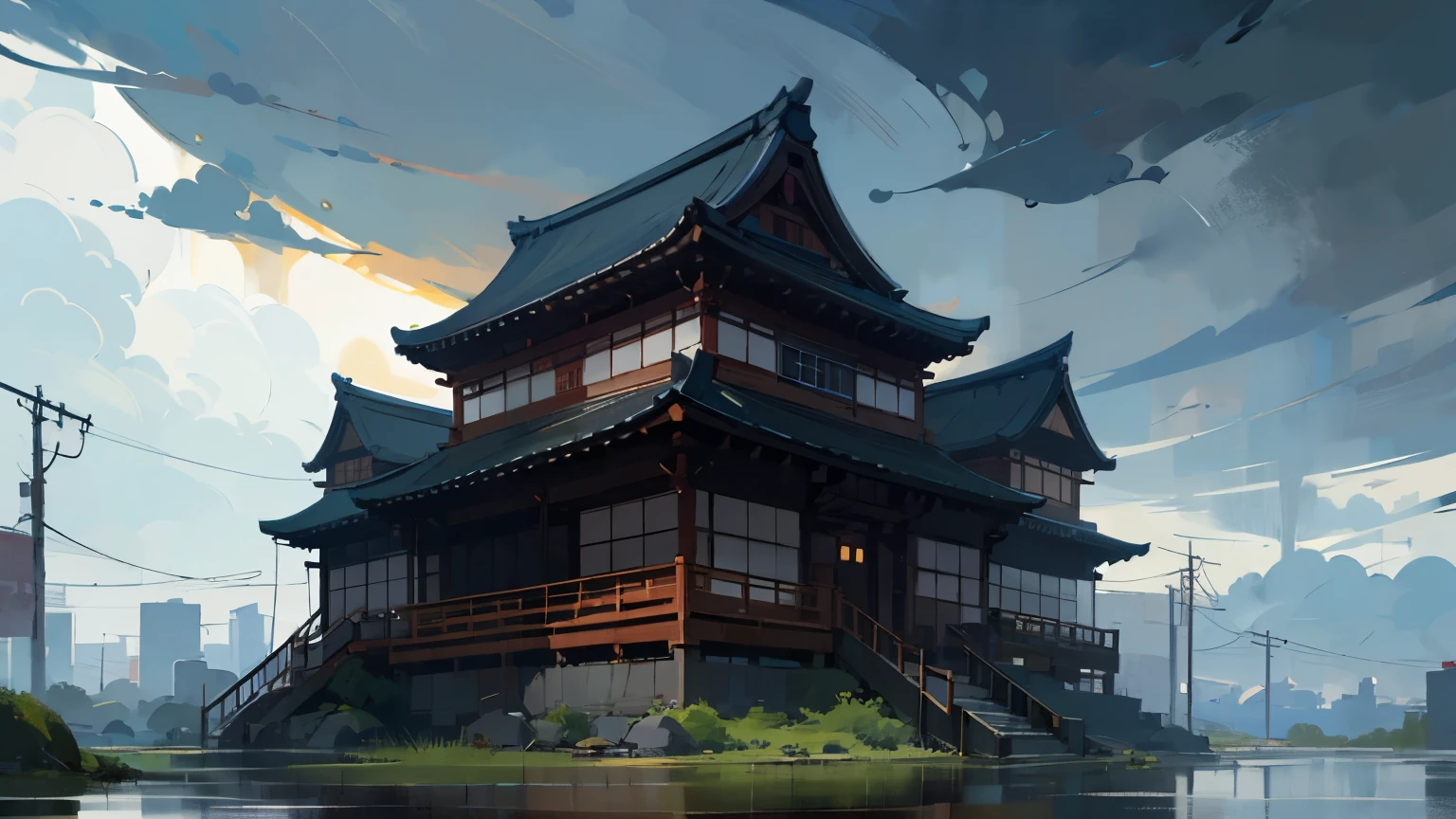 Old town buildings horizontal version,doomsday scene dark weather,Two-dimensional style,Japanese animation style