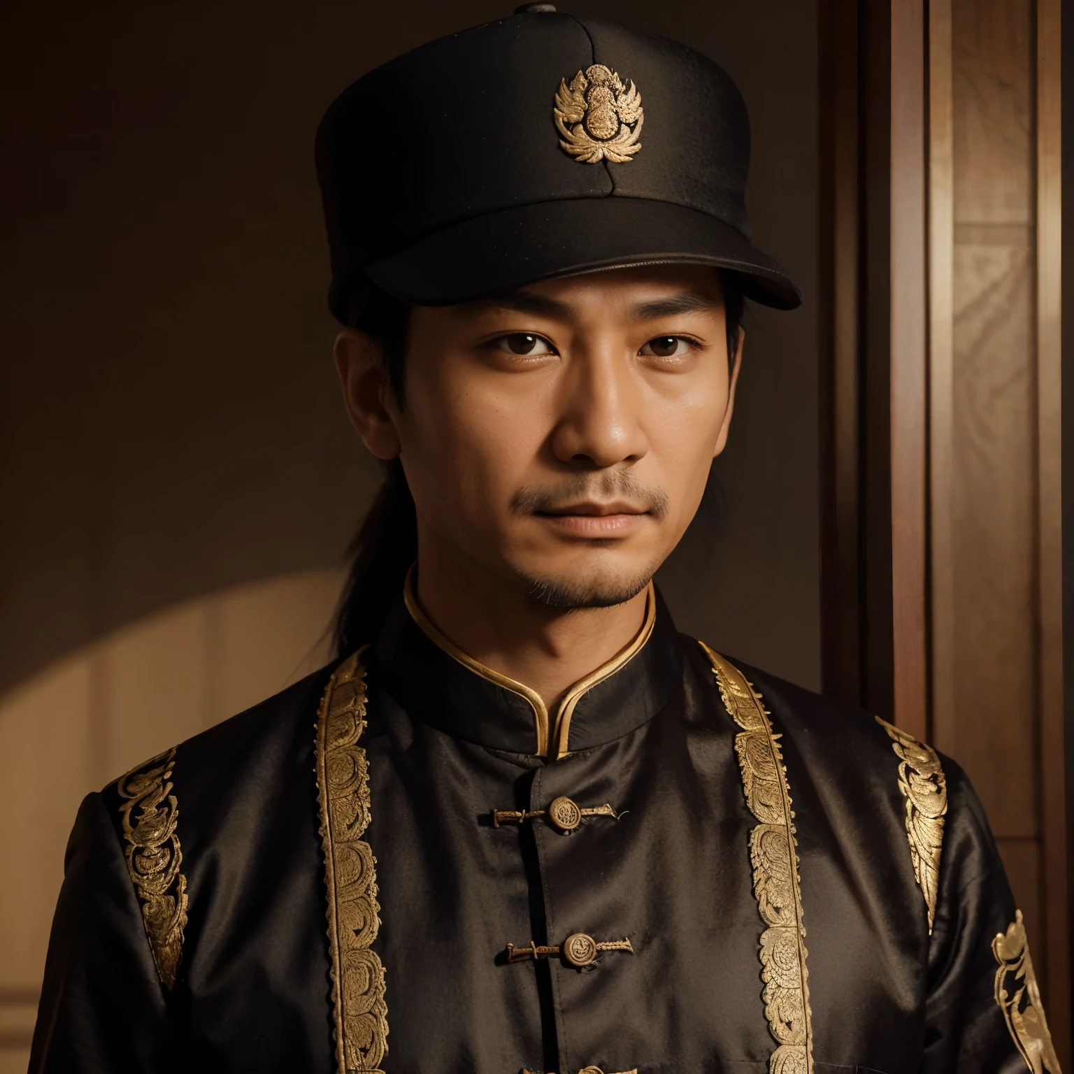 Chinese emperor, black hat, no beard, about 30 years old, face relatively large, brown silk solid color simple official uniform, thin color dragon texture embroidered with openwork embroidery on the clothes, realistic face close-up, character photography, solid color simple background, ambient light, background light, Tyndall light