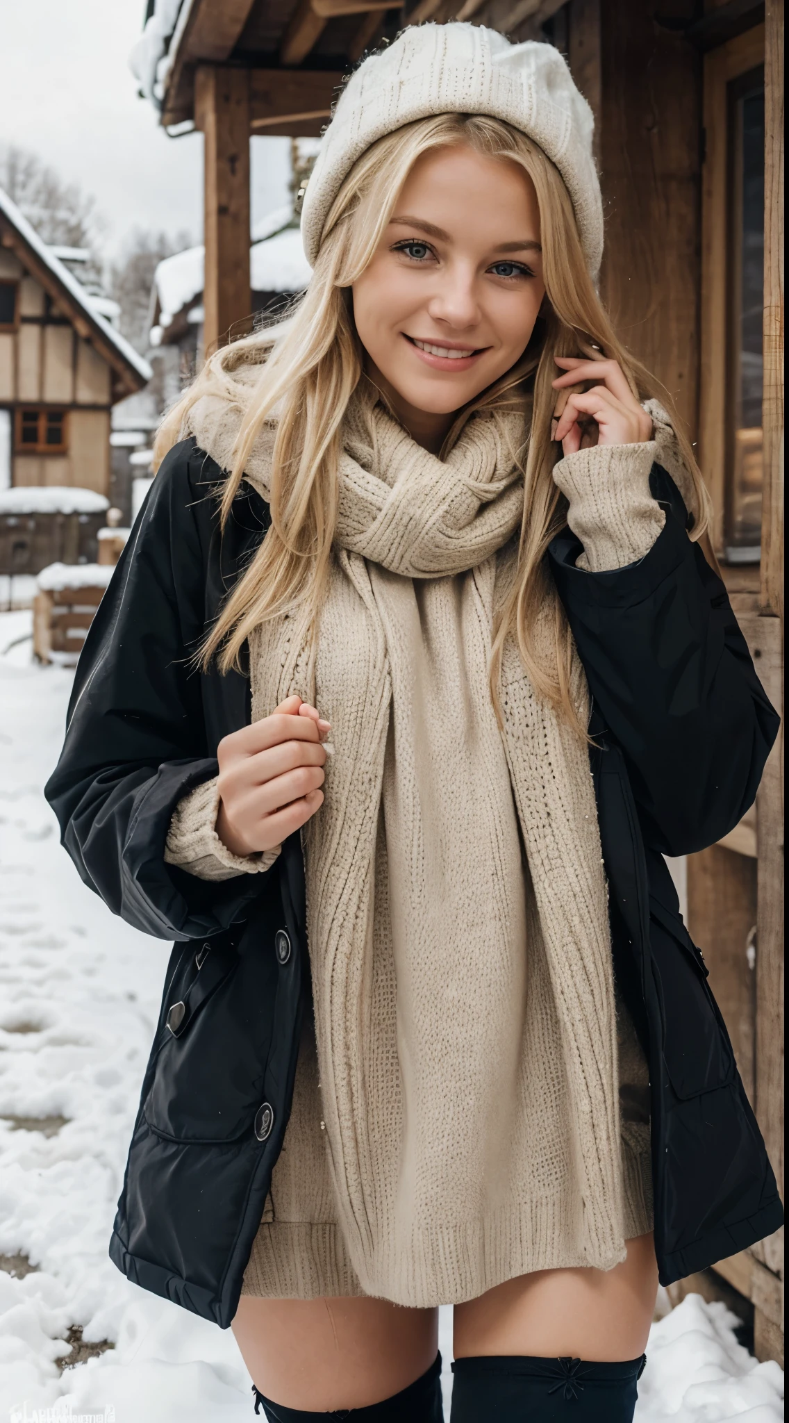 blonde Haare, Frau 20 Jahre, cozy Winteroutfit, Smile, Kaminfeuer, Kerzenschein