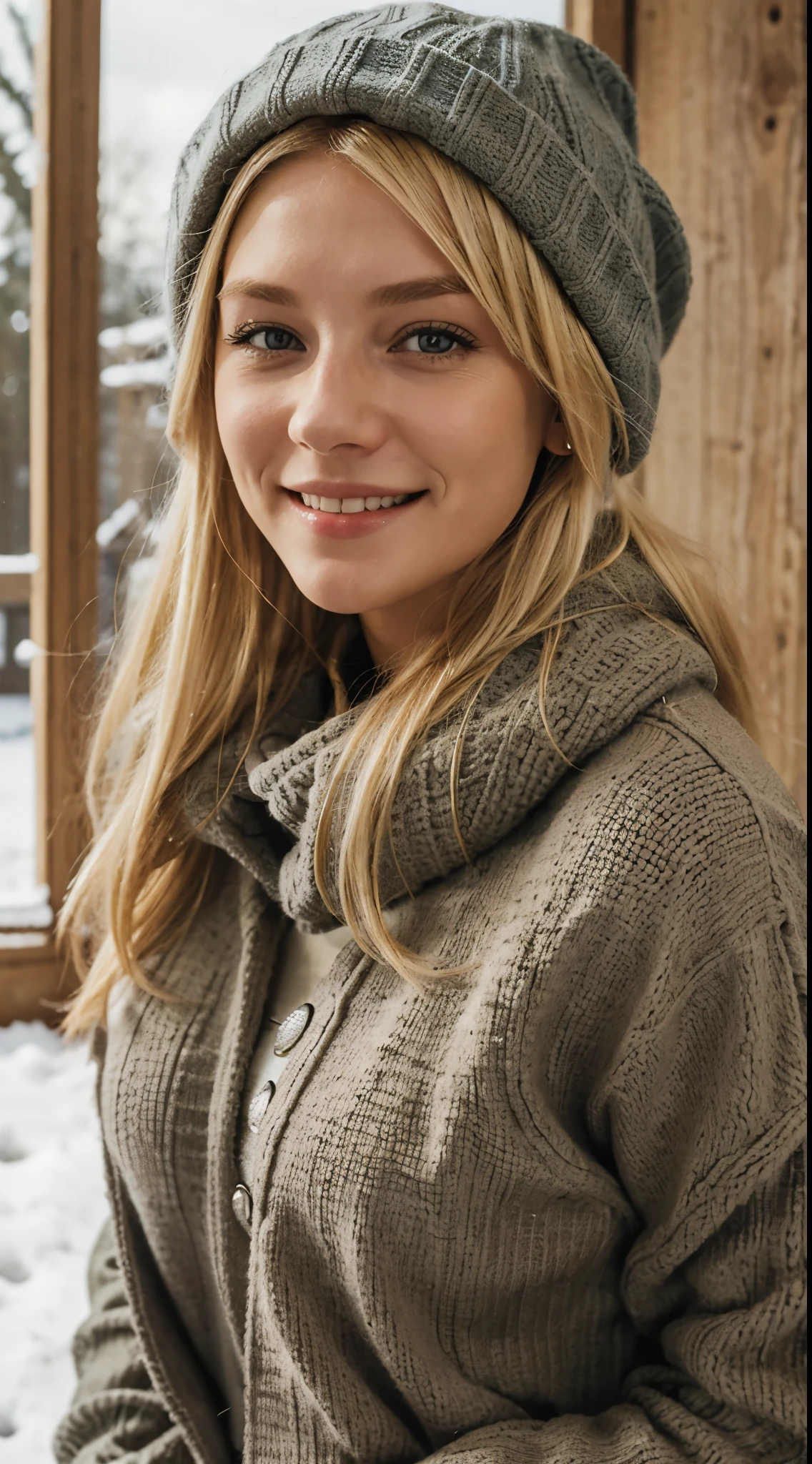 blonde Haare, Frau 20 Jahre, cozy Winteroutfit, Smile, Kaminfeuer, Kerzenschein