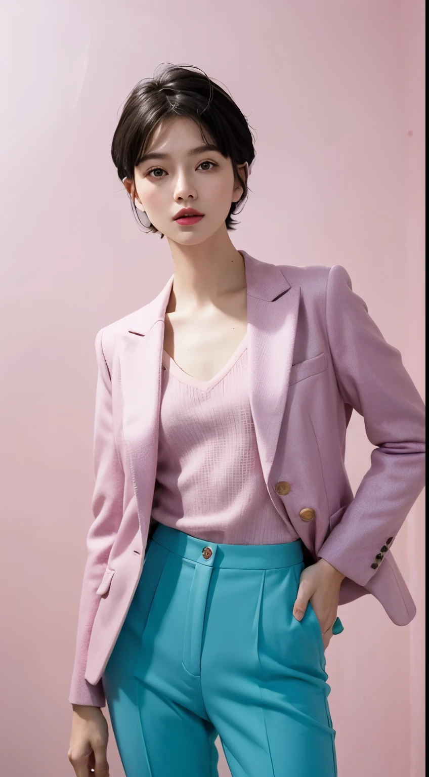 Vogue style photoshoot, Clarity, 4k, 8k, detail, actual, Beautiful Girl, wear pastle blazer, inner wear, pastle pants, black lips, pink and blue mullet haircut, Perfect body, thigh, stand, pose standing, medium chest, Wes Anderson style, pastle color background in Wes Anderson style