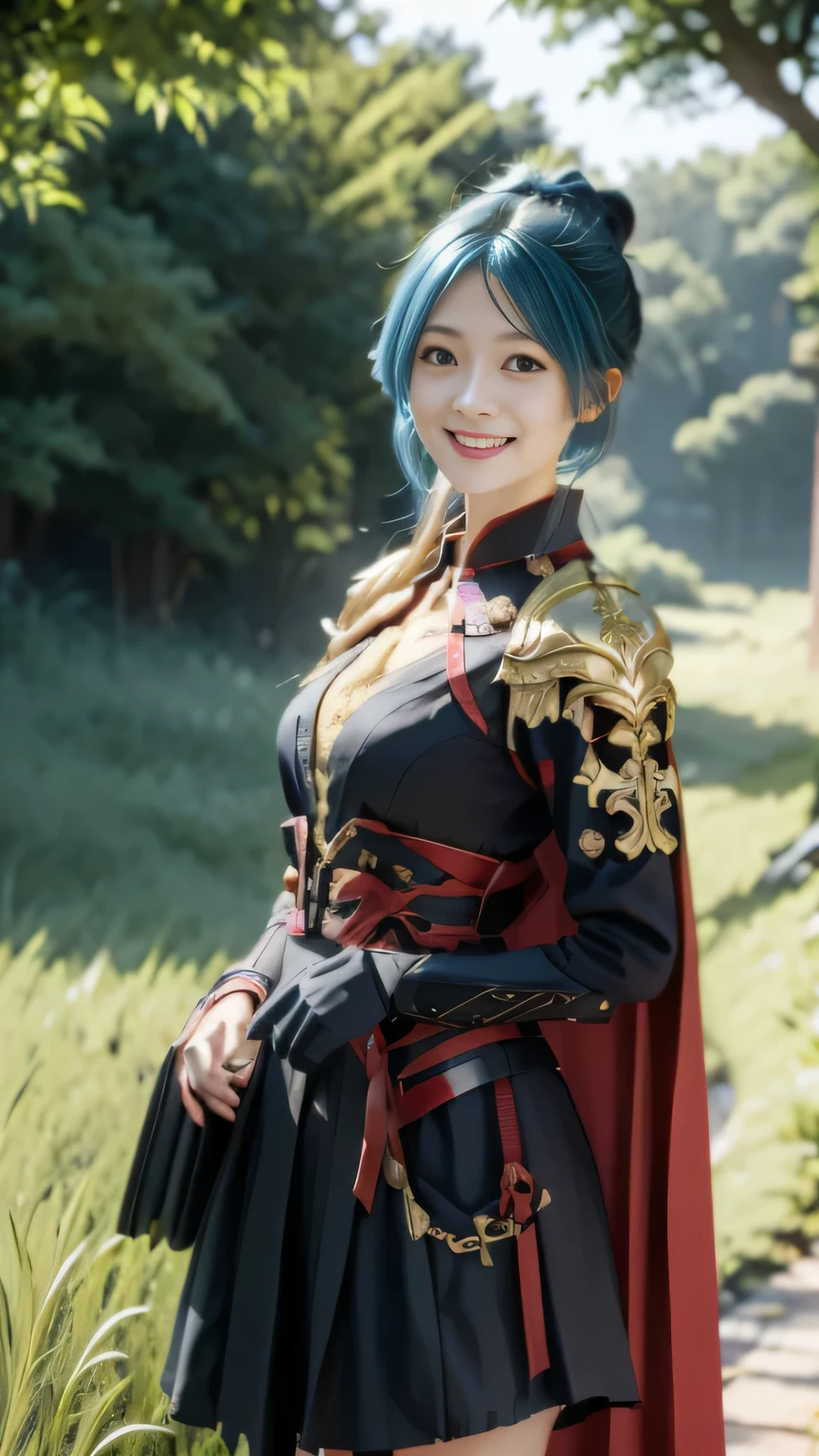 Chinese female general,Saffron Hu suit lining,Detail the eyes,Crimson cape,Gold cuirass,Breasts are full and erect,golden helmet,battlefield background,majestic,Smile(open mouth)(The corners of the mouth are raised),Leather tunic,Knee armor,Half-length photo,(Metal headbands),light blue hair(Hair in a bun:1.5),(Hair bun raised high)。wilderness background(grassland background)