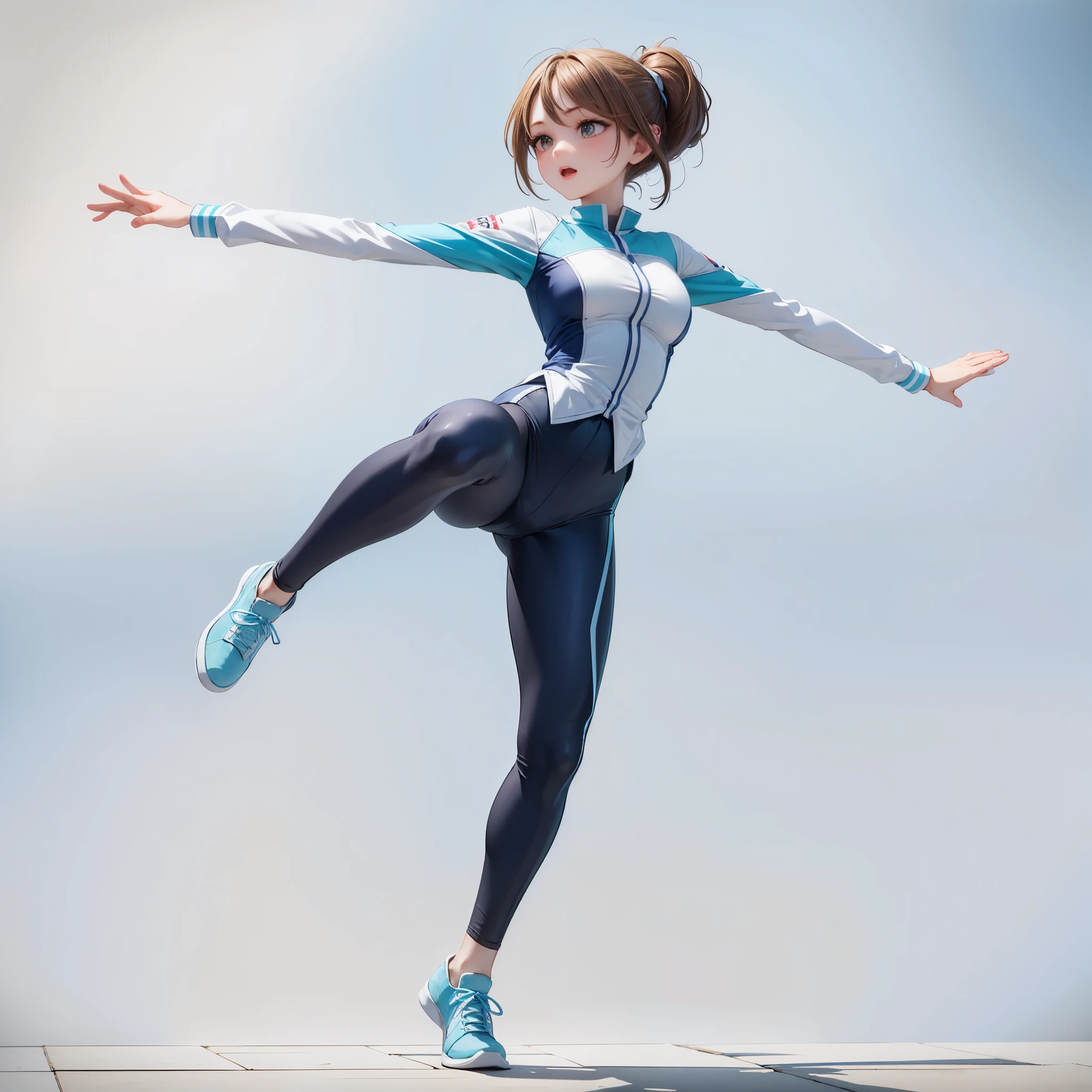 Alafid woman in blue and white outfit jumping in the air, dynamic active running posture, the anime girl is running, running posture, Character in natural pose, full body dynamic poses, dynamic dance poses, Dynamic movement poses, dynamic action poses, she is dancing. actual, Jumping pose, Perfect dynamic pose, Confident movement posture, whole body action poses