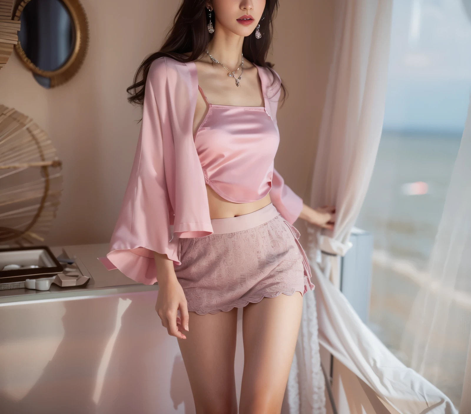 exquisite facial features，Cute loli，15 year old girl，the hair，looking at viewert，petite，Tong，White-colored skin，navel，with brown eye，full bodyesbian，inside a room，in pink，cute bear pattern，，Petite，opening legs，head gear，Hanfu long yarn，Closed，Naked，Ancient style long gauze transparent，The stands up，actual