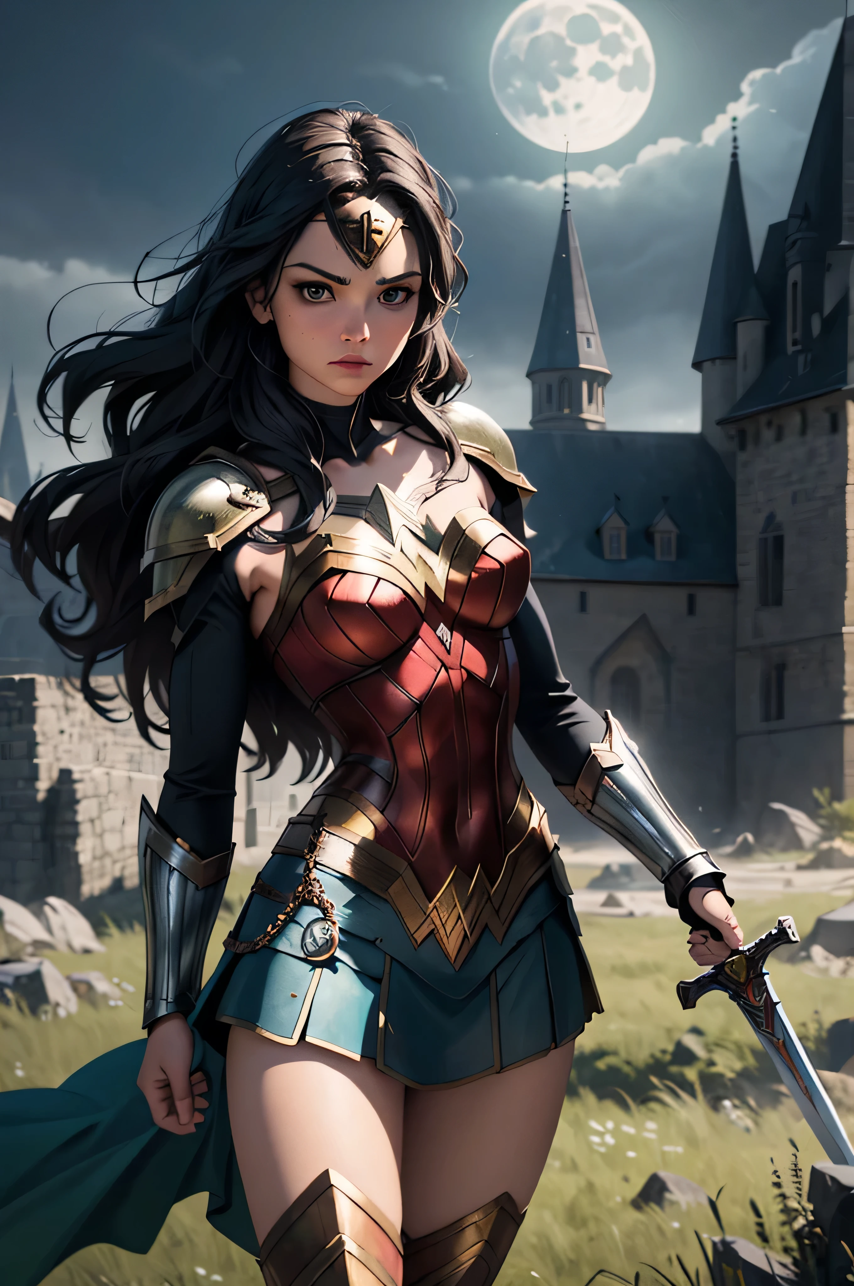 ((best quality, masterpiece)),
Wonder woman, power pose, black  and green necromancer plunging  armor, white messy hair, sword,  outdoor, night, moonlight, smokes on background, ((full moon ):0.5), medieval, fantasy, castle on background, highly detailed, Full HD cinematic 225K, 3D, Ultra Realistic, hyper photorealistic, 128K, Digital graphics, dreamy graphics. 64k high quality, 64K UHD,64K HDR,10000+ HQ, 240FPS photo, professional movie