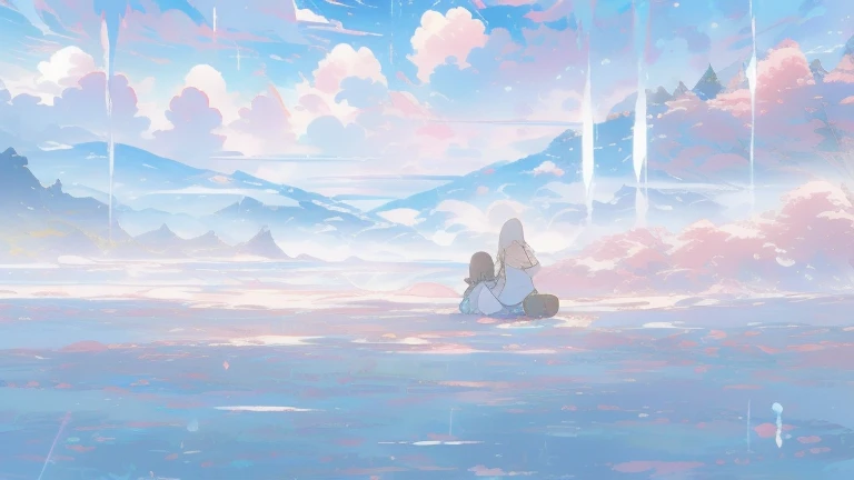 Refer to the color scheme of the image、two girls are sitting in the center, bubbly scenery, dreamy and detailed, Fairytale style mountain background, in white clouds fairyland, in white clouds fairyland, soft anime illustration, magic background, season!! , dreamy aesthetics, Fantastic dreamy atmosphere, fantasy aesthetics!, cute aesthetic，aqua eye