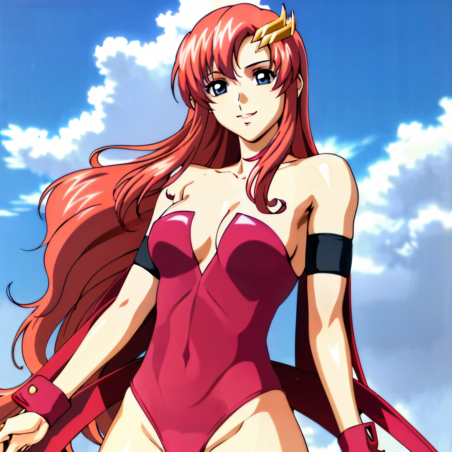 (masterpiece, upper body view, crimson strapless leotard, (slim shoulders), leaning back, 4K, Best Quality, Anime style: 1.9, happy, Adult Woman, ultra detailed face, (cloud background, white skin), Drawing lines, high resolution, Anime, lacus4), 1girl, Solo, curvy figure, Long hair, 鎖骨, scapular, (Detailed wide hair bangs, Hair Ornament, Detailed reddish-pink hair, shiny streaks, slim arms, golden crest), cleavage, large hands, (female wrestler). (Big blue eyes, shiny eyes), ((female wrestler, (slim body), little biceps, slim arms, closed fists, thighs)), ((perfect proportions, medium breasts, long belly)), (((strapless, crimson strapless leotard, crimson strapless leotard, arm band, neck band))), happy, smile, (standing, looking at the viewer), detailed fingers, (bare shoulders)