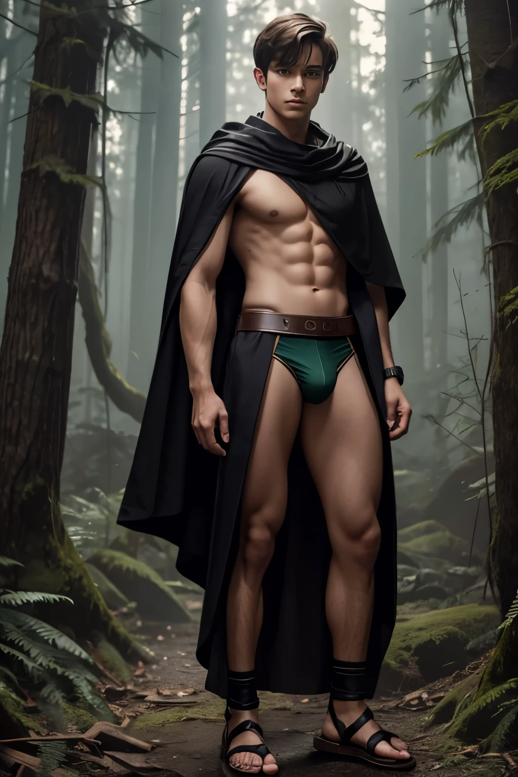 handsome teenage ranger, jockstrap, cloak, sandals, very short hair, dark forest