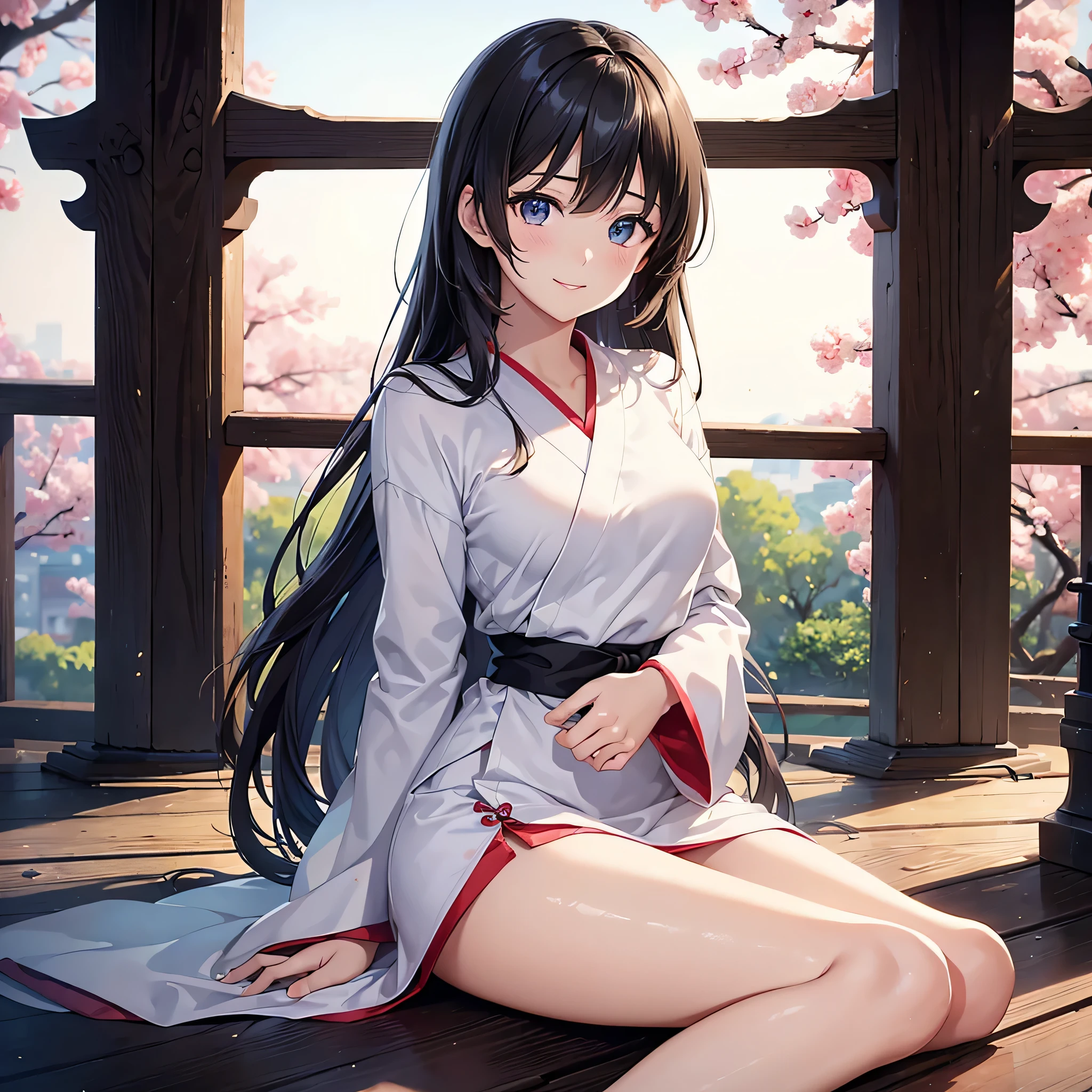 one beautiful woman、((highest quality、8K masterpiece:1.3))、sharp focus:1.2、(super beautiful face:1.0)、(shiny skin:1.0)、realistic pictures、black hair、video writing、High resolution eyes and face、video writing、japanese actress、from the front、Medium chest、shy smile、The beauty of slender abs、whole body、Kanji for Japan「kind」wearing a t-shirt、At the shrine