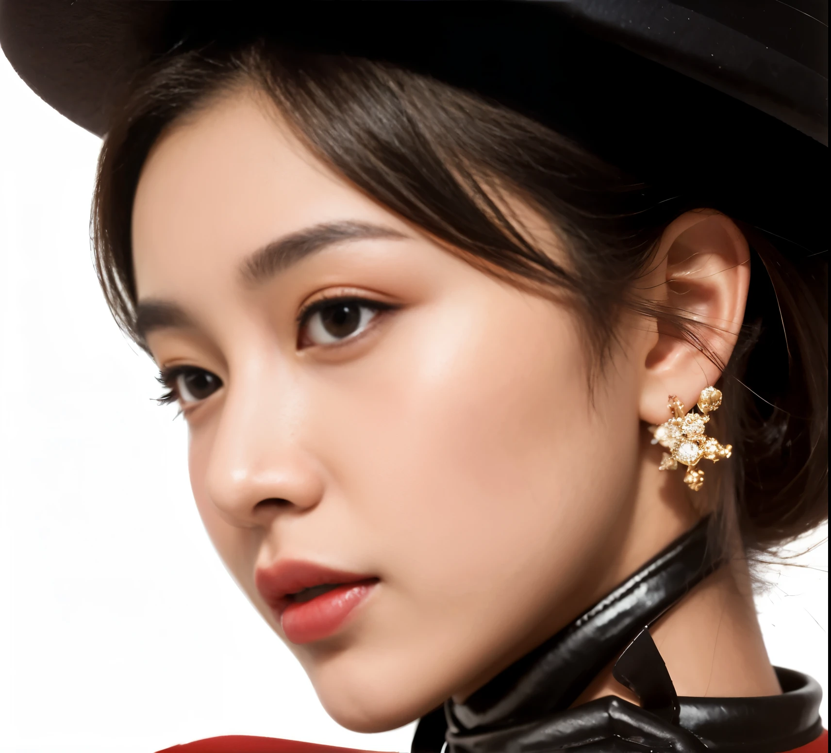 araffe woman wearing a black hat and a red jacket, young adorable korean face, popular south korean makeup, popular korean makeup, detailed face of a asian girl, portrait of female korean idol, gorgeous chinese model, with professional makeup, asian face, beautiful young korean woman, a young asian woman, young cute wan asian face, gorgeous young korean woman, earring