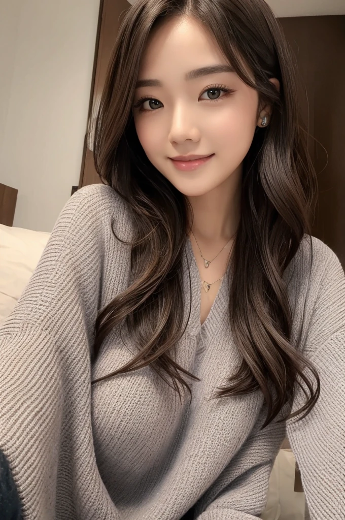 ((Best quality, 8k, Masterpiece :1.3)), 1girl,sea,Pretty woman with slender, Huge breasts, Long Hair,Half Smile, Poncho-style Sweater,Ultra-detailed face,Leaning Forward, cute eyes, Double eyelid,Lying Down