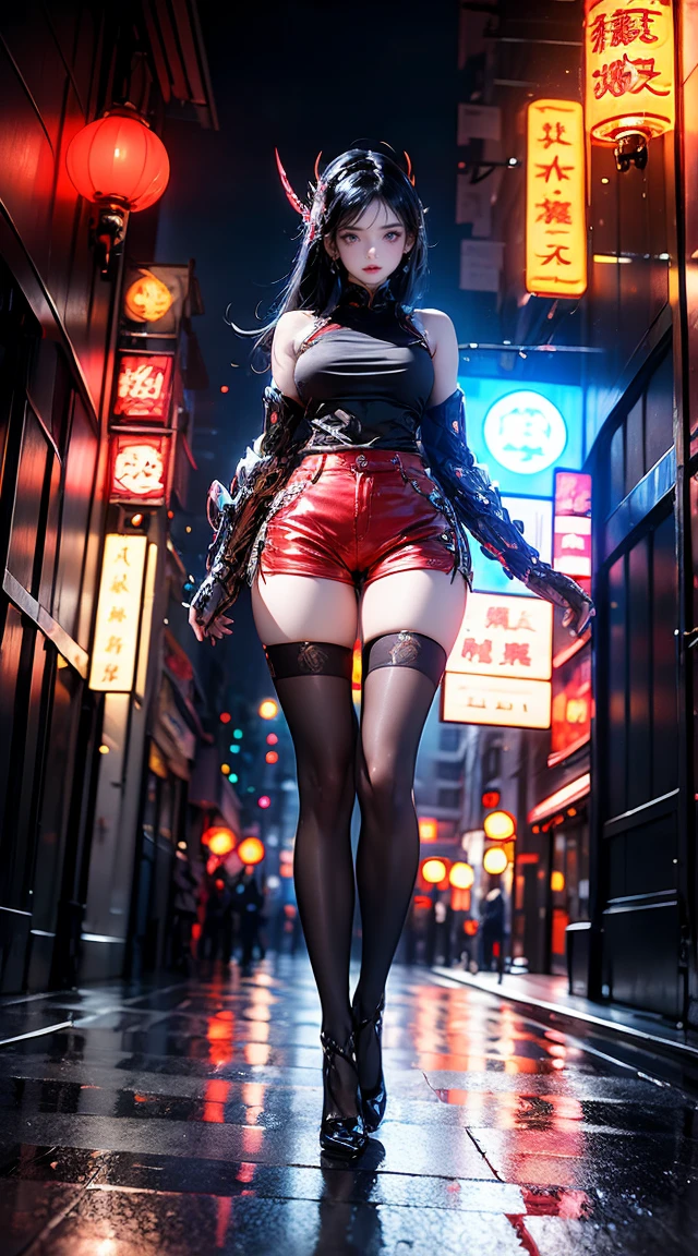 masterpiece,highest quality,High resolution, 1 girl,from below,(very thin and straight legs,),,(とてもlong legs,Straight legs),,high heels,long legs,standing on one's own feet, 正面から見たlong legs, perfect body,with perfect legs,(exterior),full body esbian,cyberpunk characters,dynamic pose,1 girl,delicate eyes,brown eyes,eye shadow,put on makeup,white long hair, detailed face, fine eyes, looking at the viewer, 鬠红\(put on makeup\), plump lips, red lip,(white long hair:1.3), (standing on one's own feet)Mechanically static,Mechanical summoning,(hair ornaments:1.1),headgear,((((red ,ultra shorts)))),(black lenth stockings),city,Luminous winding,,cyberpunk lights:1.1),neon light,Fully mechanical and futuristic elements,technology,The background is a traditional Chinese street,chinatown, street, sky sky, cyberpunk characters, paper lanterns, Neon Super Resolution,(realism:1.3),1(slim:1.2),dramatic lights,vivid details,gorgeous cyberpunk,complex background,Rendering with Octane,