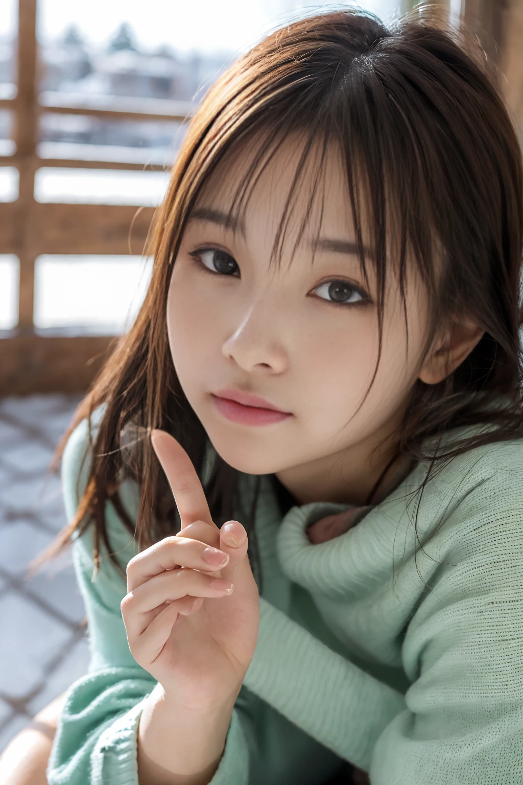 Ulchan-6500-v1.1, (RAW photo:1.2), (Photoreal), beautiful detailed girl, (genuine: 1.4), very detailedな目と顔, beautiful and fine eyes, snow scene、huge file size, High resolution, very detailed, highest quality, [masterpiece:1.6], enlightenment, very detailed, nffsw, finely, highest quality, 8k wallpaper, movie lighting, 1 girl, 17 years old, perfect body shape, cute droopy eyes beautiful big eyes、Pieck finger, ((table top)), highest quality, 1 girl, eye shadow, Upper body, portrait, ((full body shot:1.2))、