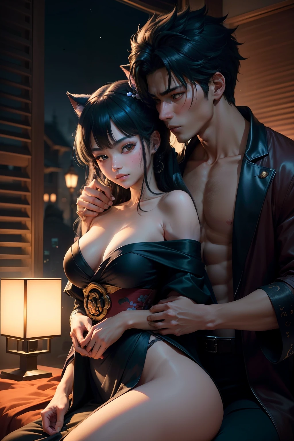 In the heart of the moonlit night, a teenage werewolf named Kaito stands, his exquisitely chiseled features contrasted by the soft glow of Ukiyo-e shadows. His piercing green eyes, bright under the cover of darkness, hold the beautiful, fair-skinned woman, Ami, close to his chest. Their love, as strong as the werewolf theme that connects them, is evident in the way Ami's eyes mirror the depth and intensity of Kaito's.

The scene is saturated with a romantic anime atmosphere, employing the hyperrealistic, almost photo-realistic style (1.2), where every detail is met