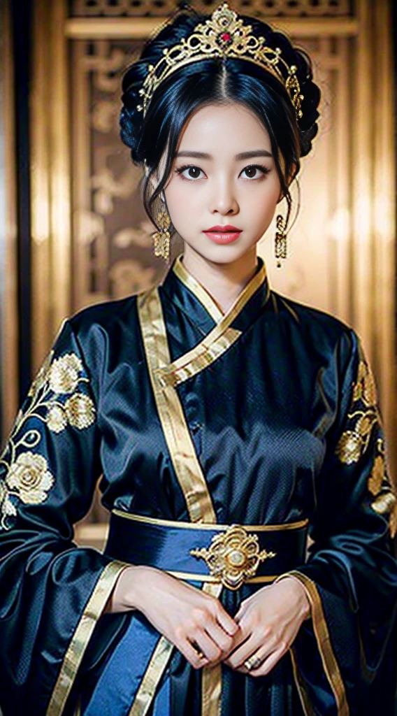 a close up of a woman in a black dress with a gold headpiece, hanfu, with acient chinese clothes, chinese style, chinese costume, palace ， a girl in hanfu, a beautiful fantasy empress, chinese dress, in dark robes with gold accents, ornate flowing robe, wearing ancient chinese clothes, gold brocaded dark blue clothes