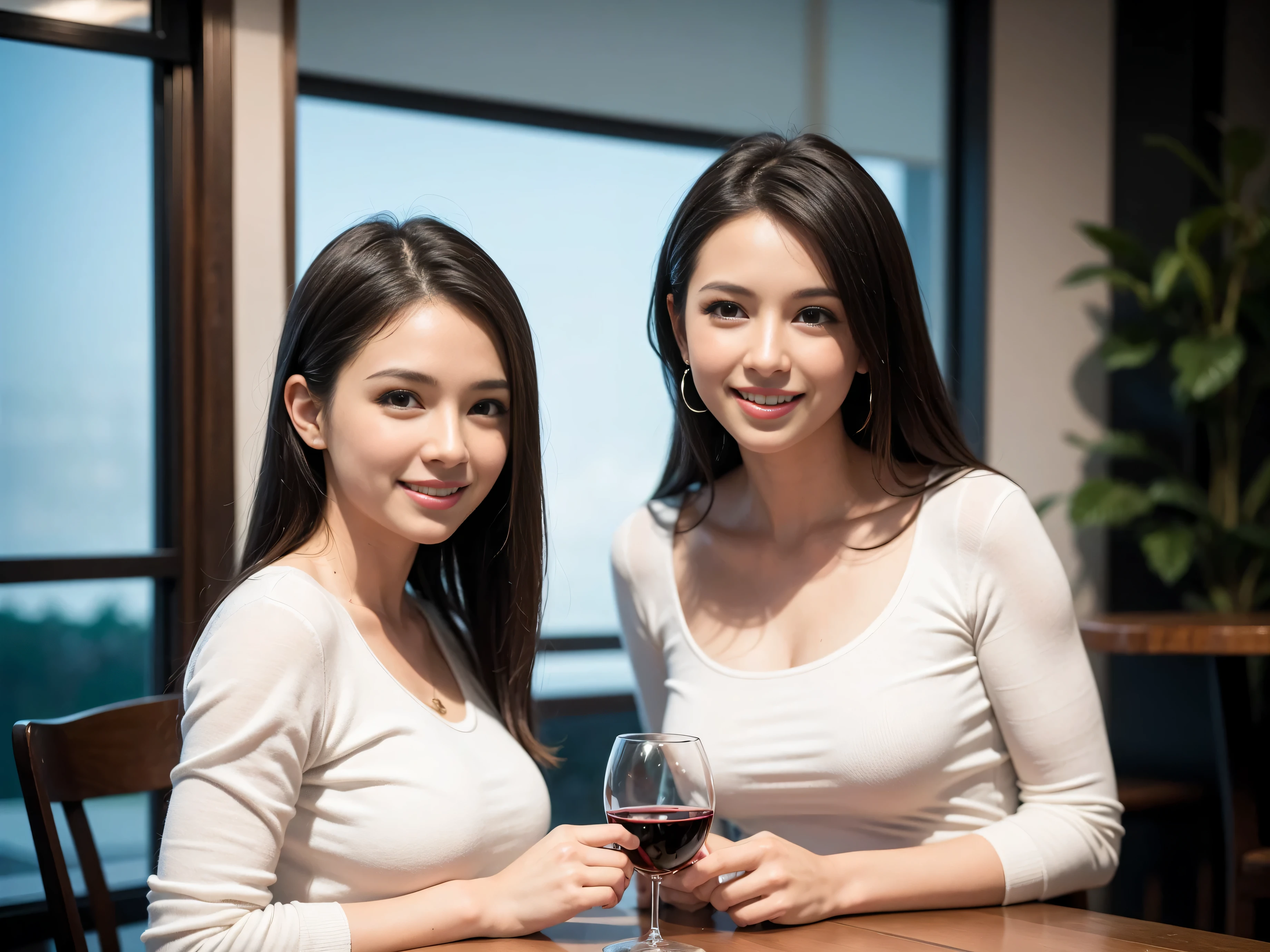 (including 64k, nffsw, highest quality, table top: 1.2), (realistic, photorealistic: 1.37), long sleeve shirt、winter fashion、Colombia、Brazilian、Japanese、Dutch、German、Portuguese、Belgian、Italian、french, (slimフェイス), (slimボティ), (brown hair), (shortcut), cheeks blush a little, (35 years old), 38 years old, alone, 窓の外には美しく緻密なnight景が広がります., restaurant, wine glassが座っている, nightに, in a prominent place (from the Upper body) nova frog style, actress, model, Upper body, White wine, slim, wine glass, Super Clean night View, wine glass Put in the Middle, Happy smile, (smile: 1.15), beautiful and detailed eyes, Upper body, bust japan up, night, short, short, actress, model, Upper body, White wine, slim, wine glass, Super Clean night View, wine glass Put in the Middle, Happy smile,