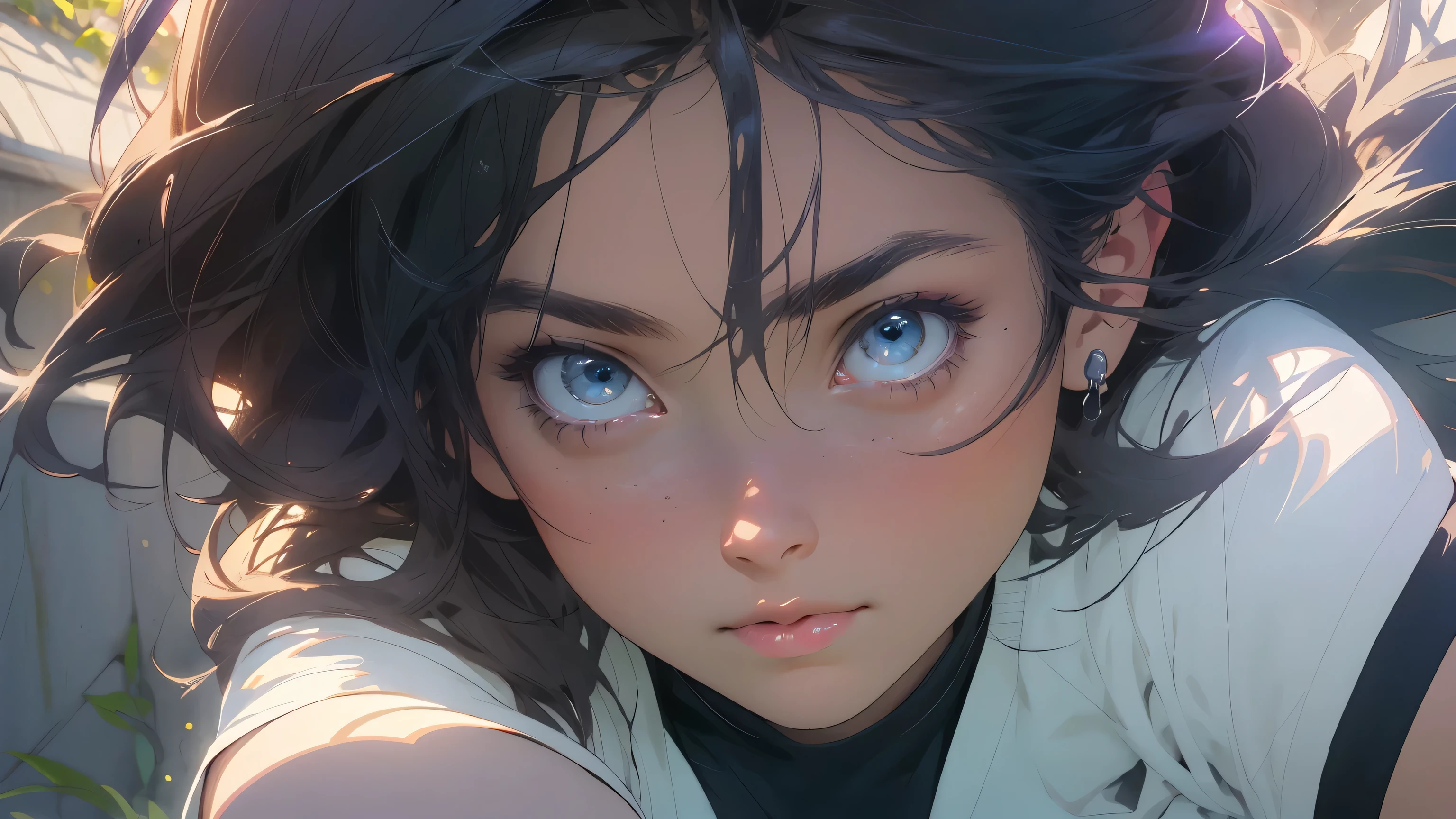 A close up of a woman with blue eyes and a white shirt - SeaArt AI