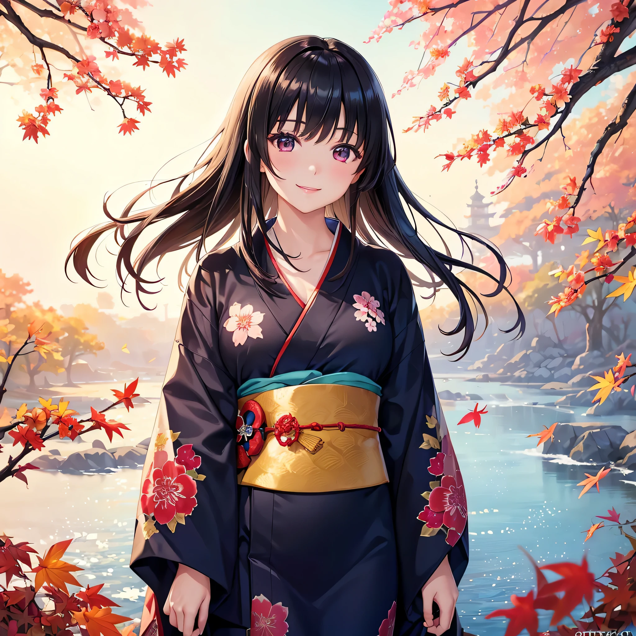 (Super beautiful woman in kimono)、((highest quality、8K masterpiece:1.3))、sharp focus:1.2、(super beautiful face:1.0)、(shiny skin:1.0)、realistic pictures、black haired、video writing、High resolution eyes and face、video writing、japanese actress、from the front、Medium chest、with a happy smile、wearing a kimono、under the autumn leaves、highest grade obi