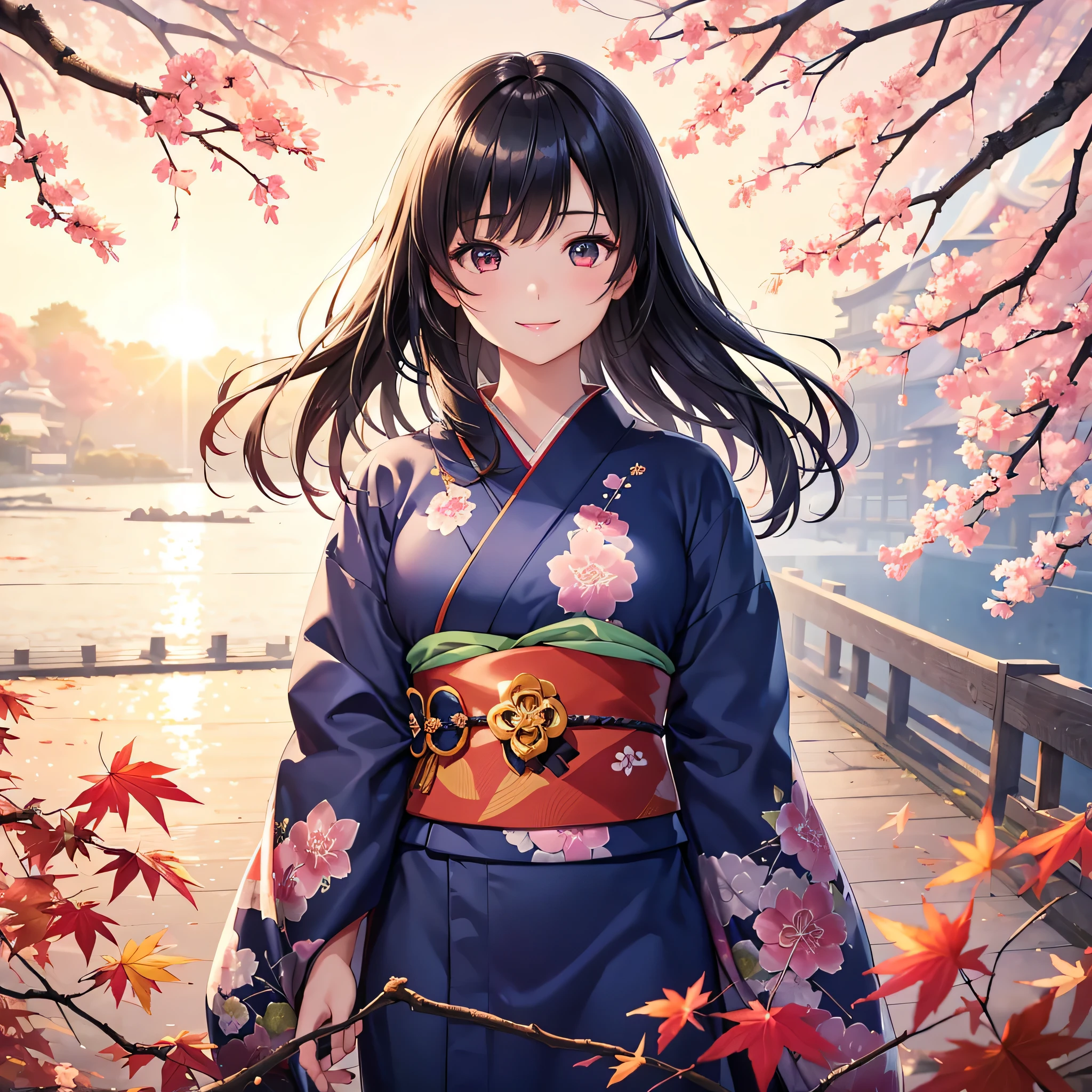 (Super beautiful woman in kimono)、((highest quality、8K masterpiece:1.3))、sharp focus:1.2、(super beautiful face:1.0)、(shiny skin:1.0)、realistic pictures、black haired、video writing、High resolution eyes and face、video writing、japanese actress、from the front、Medium chest、with a happy smile、wearing a kimono、under the autumn leaves、highest grade obi