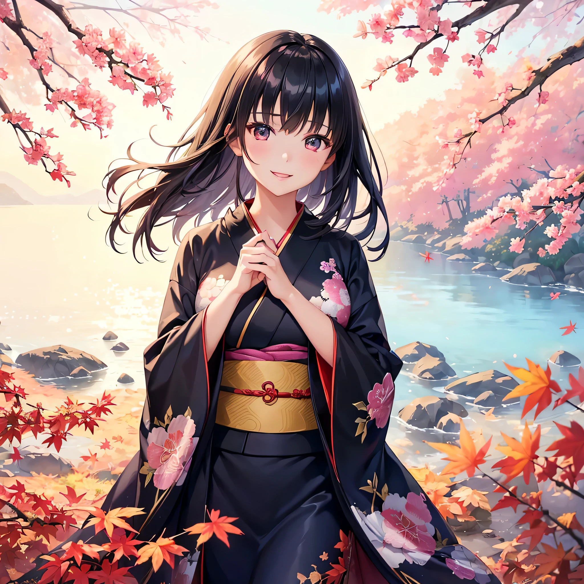 (Super beautiful woman in kimono)、((highest quality、8K masterpiece:1.3))、sharp focus:1.2、(super beautiful face:1.0)、(shiny skin:1.0)、realistic pictures、black haired、video writing、High resolution eyes and face、video writing、japanese actress、from the front、Medium chest、with a happy smile、wearing a kimono、under the autumn leaves、highest grade obi