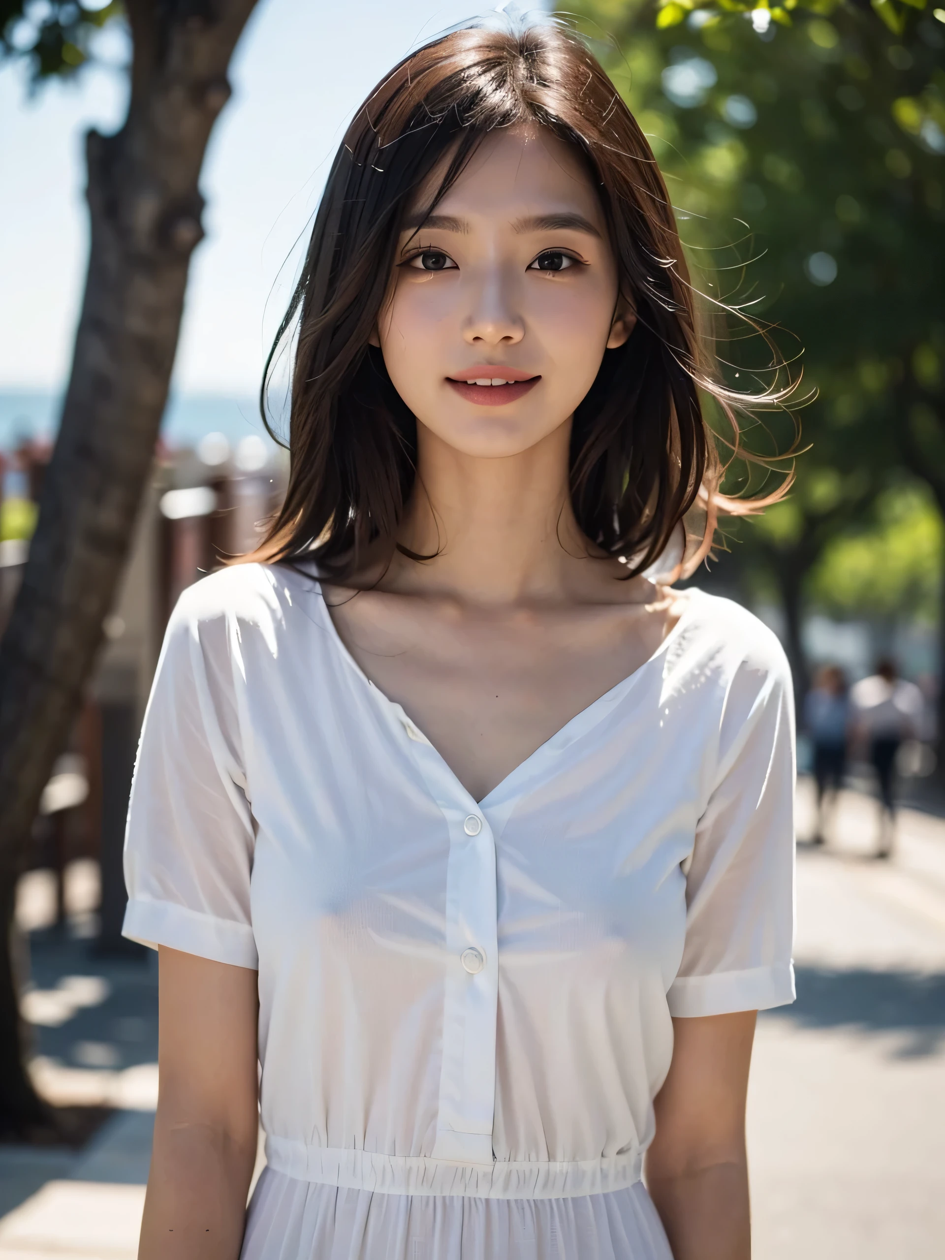 Upper body、avert your eyes、cute japanese girl, gentle features、super cute face、glossy lips、double eyelids in both eyes、natural makeup, smile, eye highlights, long eyelashes are bright, medium hair, Smooth light brown hair、hair swaying in the wind, bangs、center image、8K、high detail、detailed hairstyle、detailed face、great movie lighting、octane rendering、vibrant、surreal、perfect limbs、perfect anatomy, beautiful proportions, blouse,