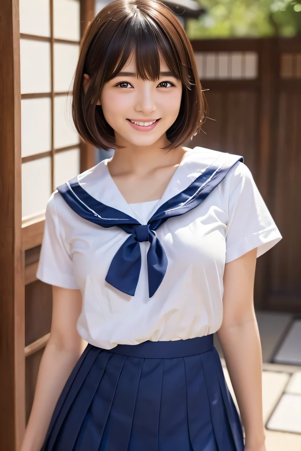 narrow eyes, straight hair, 1 girl, 17 year old girl, small eyes:1.3, narrow eyes:1.3, beautiful breasts:1.5、highly detailed eyes:1.2)、(beautiful breasts:1.1), (short hair:1.1), bangs, tight waist, alone, looking at the viewer, light smile, (japanese traditional 、white short sleeve sailor uniform:1.2), (navy pleated skirt:1.2), laughter, (squint your eyes), thick legs, (small breasts:1.4)