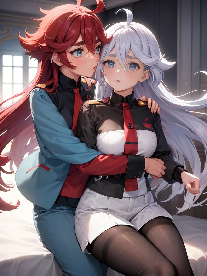 (masterpiece),(highest quality:1.1),(super detailed),best illustrations,(2people girl)、Thretta Mail、tall、((Asticasia ホワイト 、white shorts))、((redhead、Ahoge、blue eyes))、Mioline Remblanc, Asticasia , alone, long hair, gray eyes, gray hair, Ahoge, Legwear with seams, Green shorts, tie, bangs, hair between eyes, black pantyhose, long sleeve, Green jacket, floating hair, red tie、(lily、Hugging each other)、(((I'm kissing)))、Western-style room