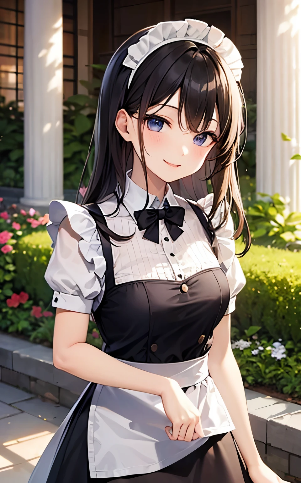 beautiful girl、Mansion garden、Maid clothes、Upper body is shown、Dazzling smile、