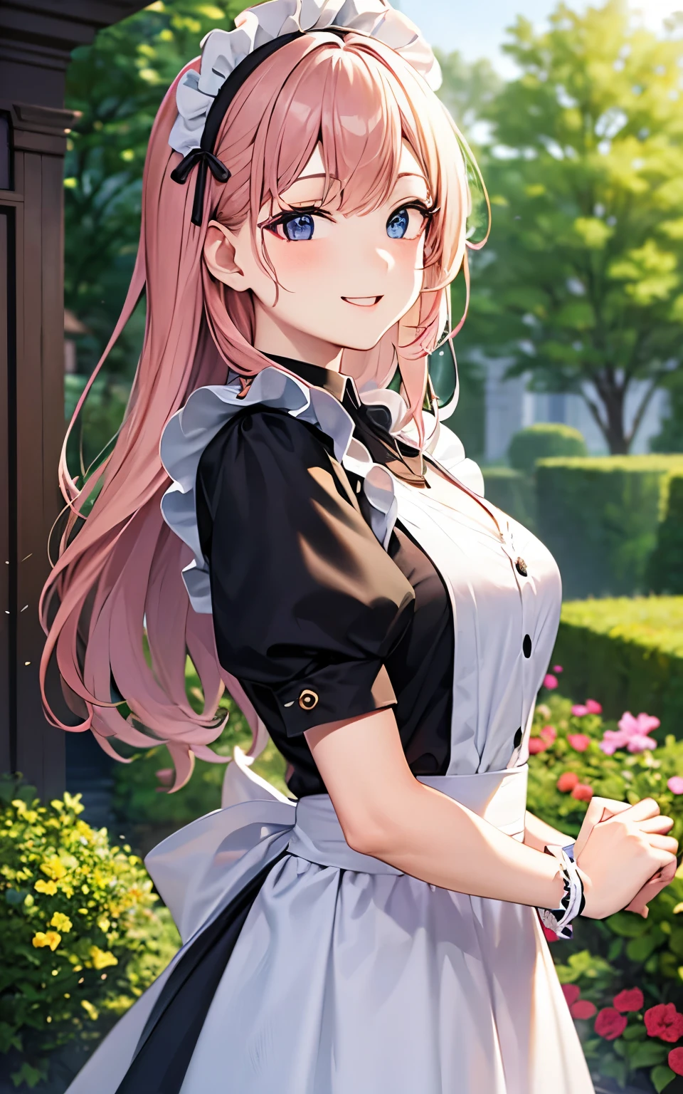 beautiful girl、Mansion garden、Maid clothes、Upper body is shown、Dazzling smile、