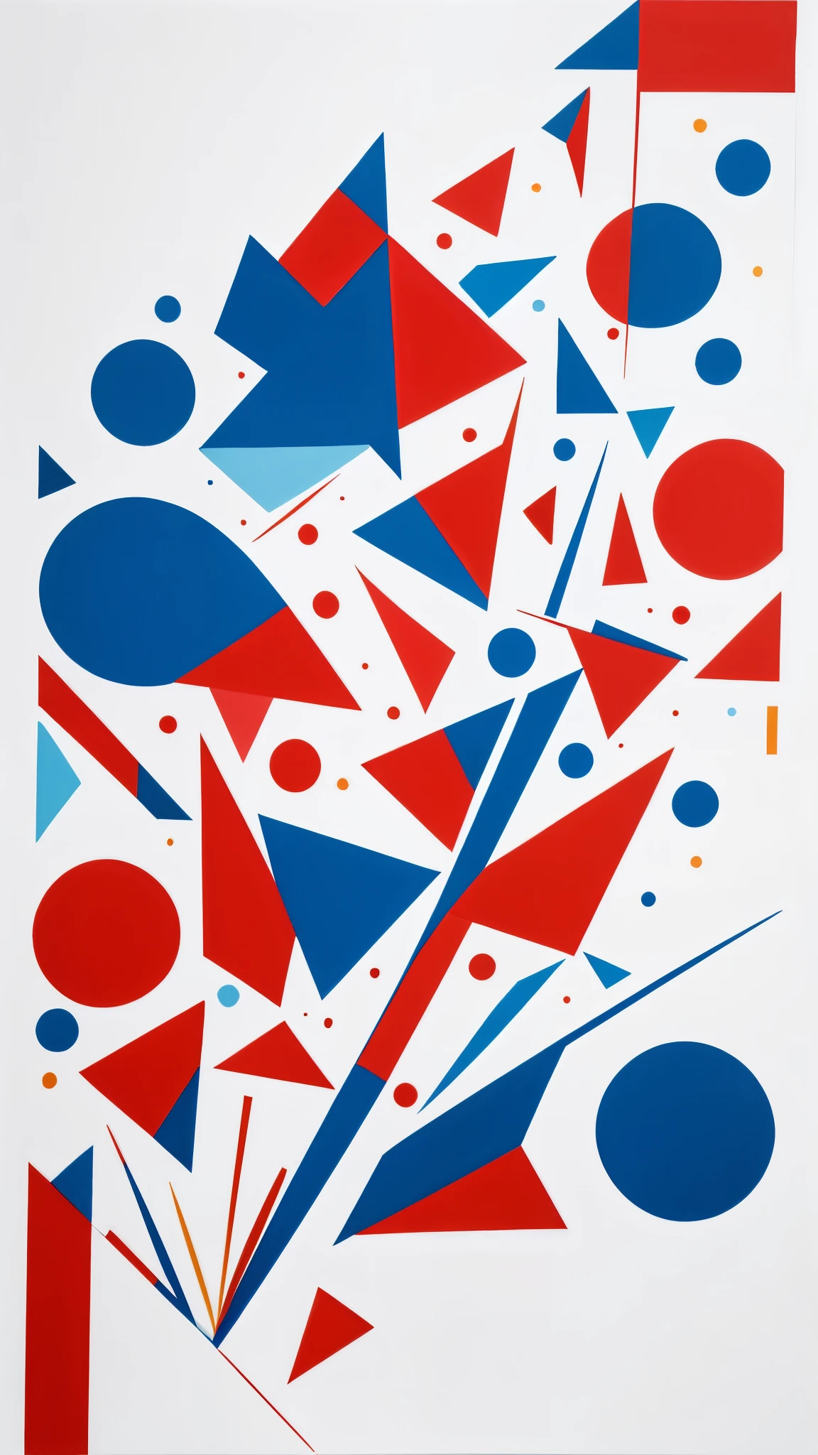 Abstract painting with vibrant colors and geometric shapes. (((White background))). It features a mix of red, white and blue colors. The composition includes a diamond shape at the top, with smaller triangles and squares. There are also some circles and lines interplaying with the shapes.