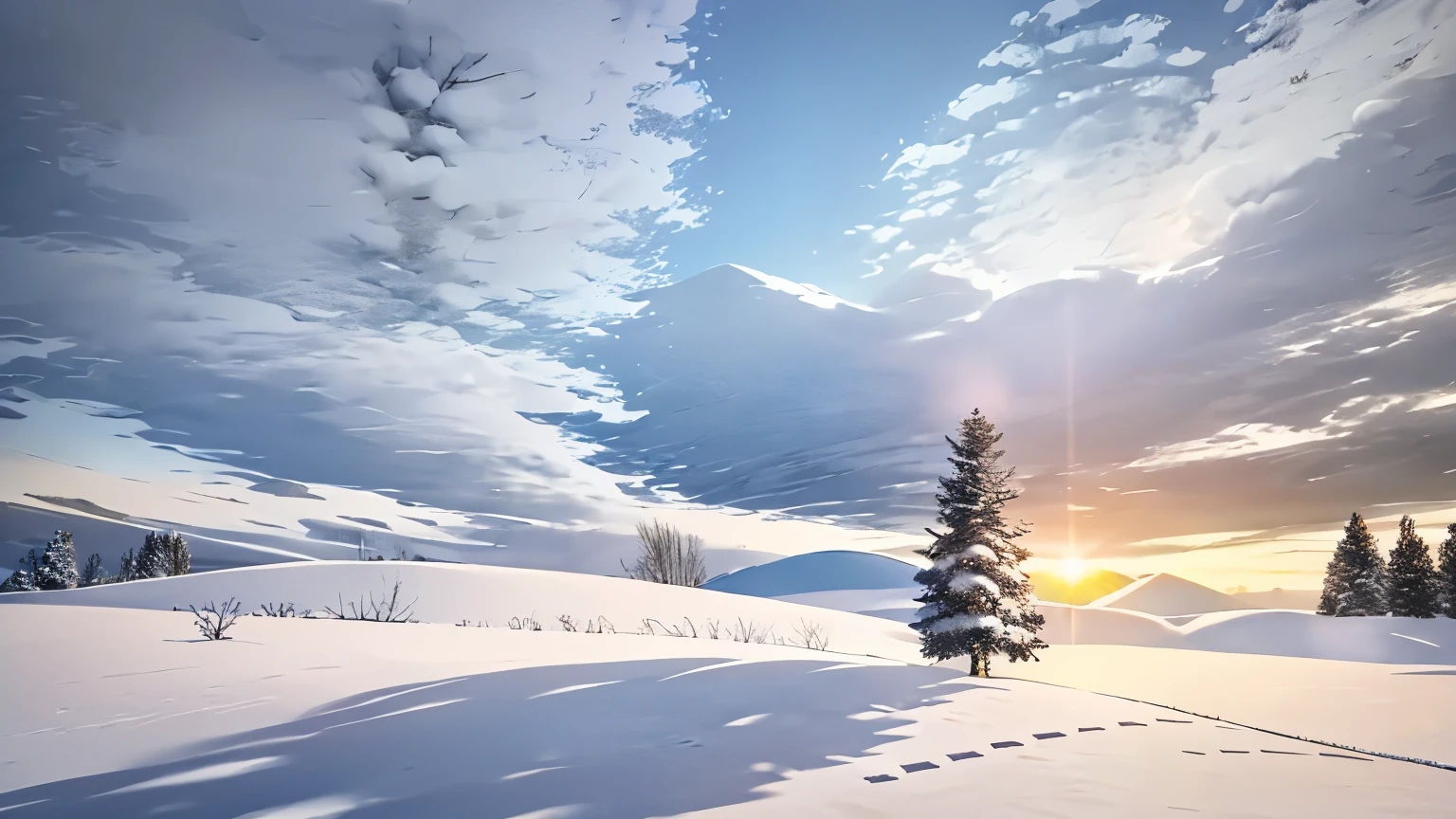 There is a tree in the middle of the snowy field, Lonely tree, snowy hill at sunrise, beautiful snow scene, Snow glow, single tree, snow scene, Snowy plains, Lonely landscape, winter setting, soft light of winter, snow scene, winter, Single pine, Beautiful pine tree landscape, empty snow field, The setting is blissful wallpaper, winter landscape