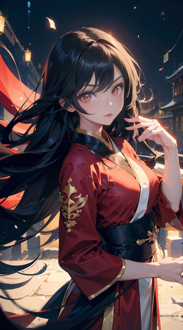 (best quality,4K,high resolution), 18 years old female,flowing black hair,Long straight hair, Innocence,sharp sharp eyes、red eyes、small nose、Luxury Hanfu、 face、contour、slim body、comics,Transformation cute illustration、Delicately express realistic skin texture、Muscle texture reproduction、blank background