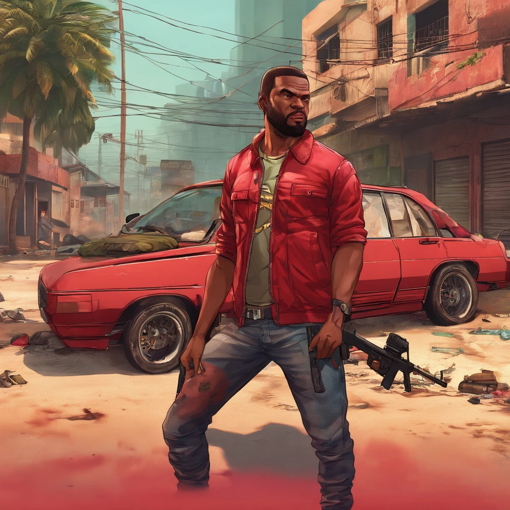 um homem com uma roupa vermelha em uma favela, segurando um rifle, (rosto e corpo extremamente detalhados), cores vibrantes, (retrato), tom de cor vermelha, dramatic lighting, (melhor qualidade, ultra-detalhado, Altas), Realistic