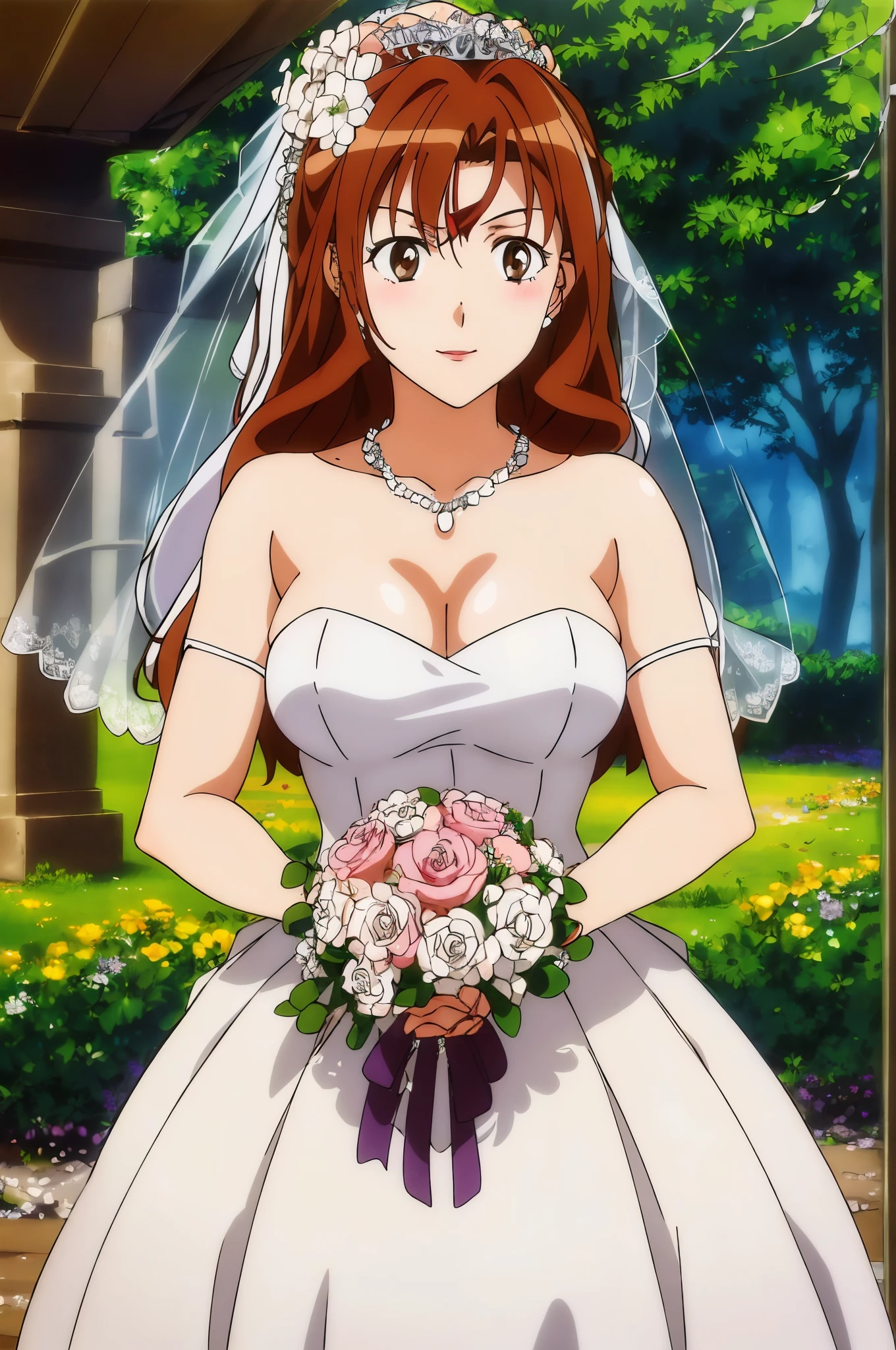 masterpiece,high quality,alone,
Kyoko Aoi,1 lady,
long hair,brown hair,brown eyes,lipstick,
skirt,2girls,bride，embrace,Shut up，Smile，Gurwitz，(bride頭紗:1.5），（short sheer veil：1.5），Blushing face，Head flower，headgear，（tube top wedding dress：1.5），（Silk dress：1.2）,（Strapless wedding dress：1.5）,Bouquet,pure white dress，necklace，earrings，(large breasts:1.3)，Deep V peach heart collar wedding dress，Bangs，lipstick，（lace gloves：1.3）,Bust photo,High detail RAW color art,Tyndall phenomenon