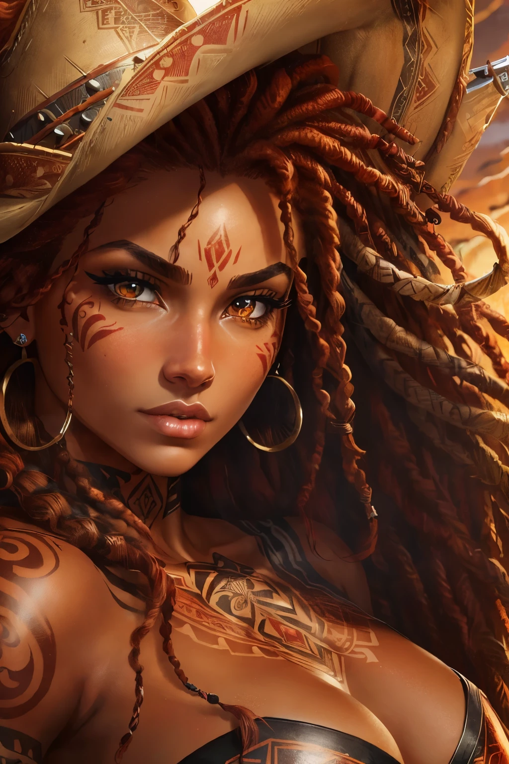 ((masterpiece)), ((close-up cowboy shot): 1.25), ((character creation): 1.0), hyper-realistic, hyper-detailed, Introducing the captivating 25-year-old fictional warrior, Vendetta. Her fiery red hair, ((red hair): 1.0), cascades down her back in long, thick dreadlocks, ((head of dreads): 1.0). Her expressive, bright brown eyes, delicate upturned nose, and softly outlined lips convey a unique and alluring personality. Her fair, tanned skin is adorned with tribal tattoos, adding to her bold and adventurous