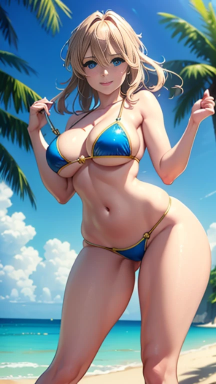 (masterpiece), best quality, ultra realistic detailed blue eyes, perfect face, beach background, beach bikini and penty, looking at viewers, massive breast, thigh legs, beautiful abdomen, beautiful feet, hands up, looking at viewers, front facing, front view, happy face, big smile, perfect curvy shaped beautiful body, realistic body , blonde hair, Violet Evergarden